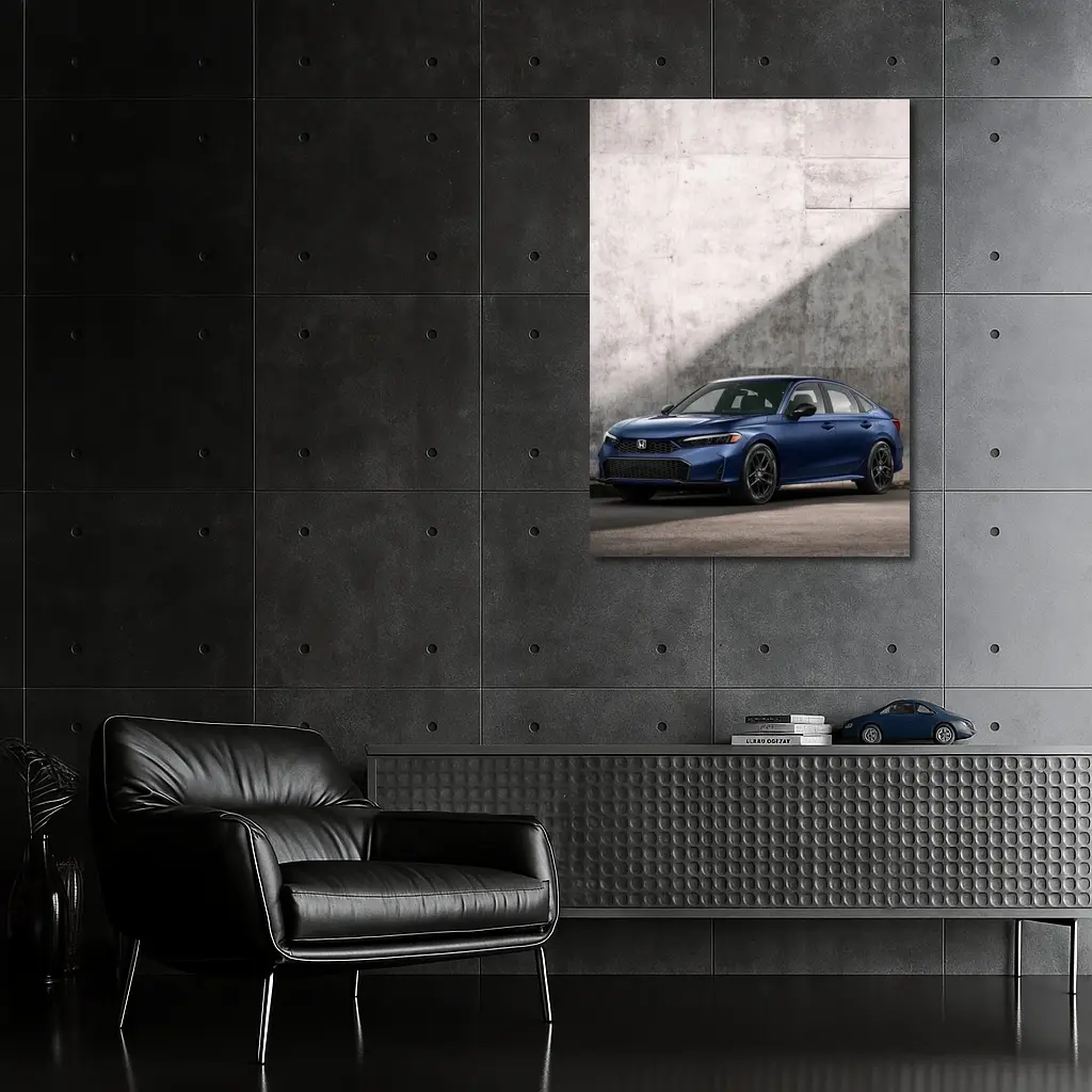 Honda Civic Blue Parked Against Grey Wall – Wall Art