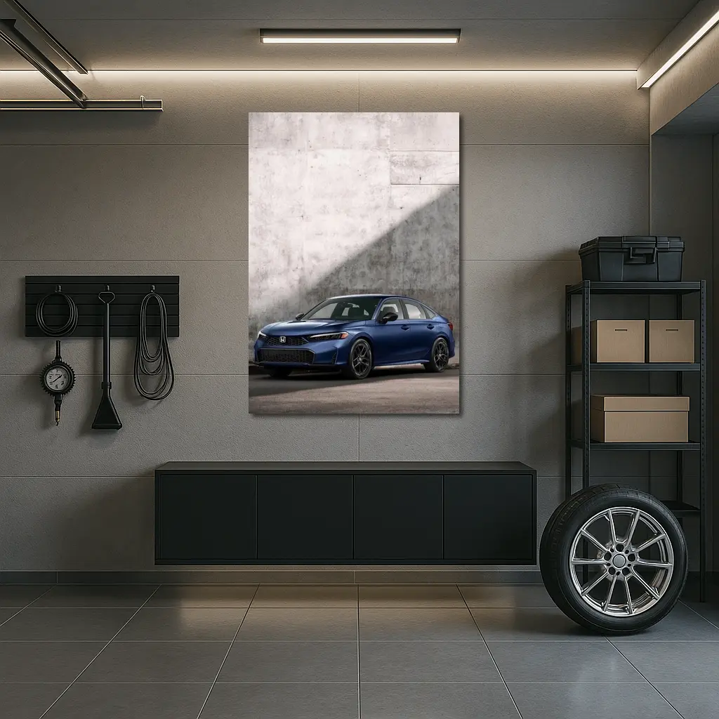 Honda Civic Blue Parked Against Grey Wall – Wall Art