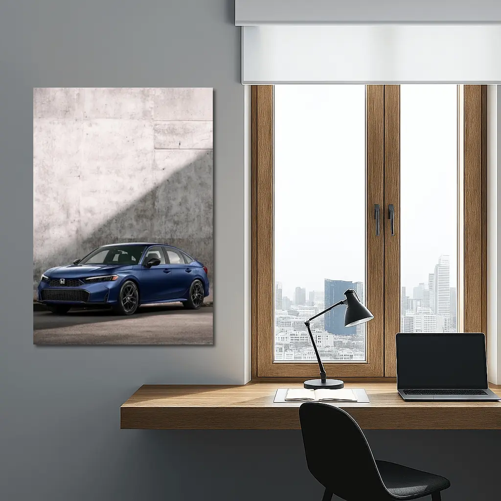 Honda Civic Blue Parked Against Grey Wall – Wall Art