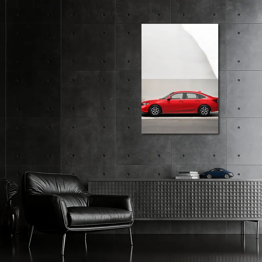 Red Honda Civic Parked Against Gray Wall – Wall Art
