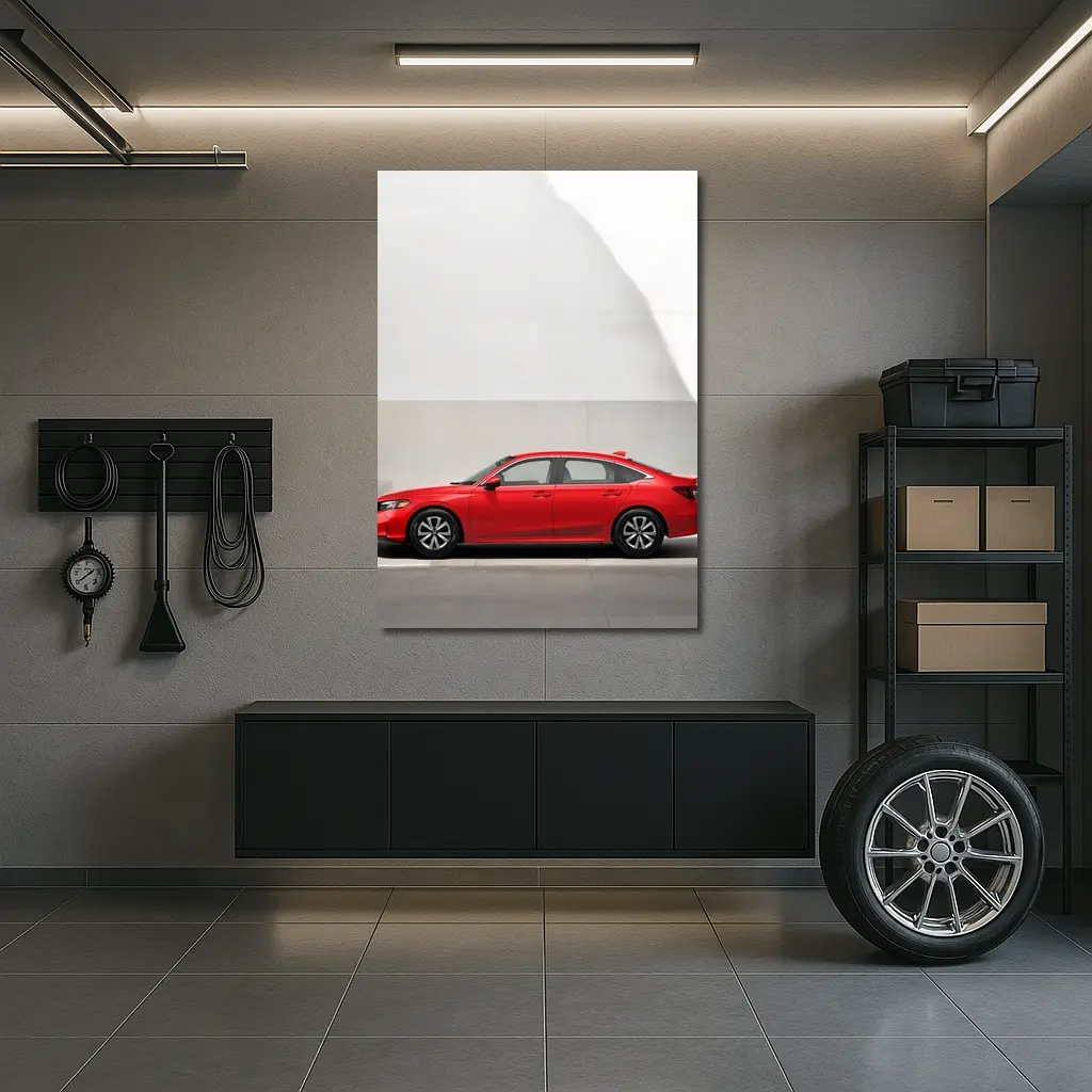 Red Honda Civic Parked Against Gray Wall – Wall Art
