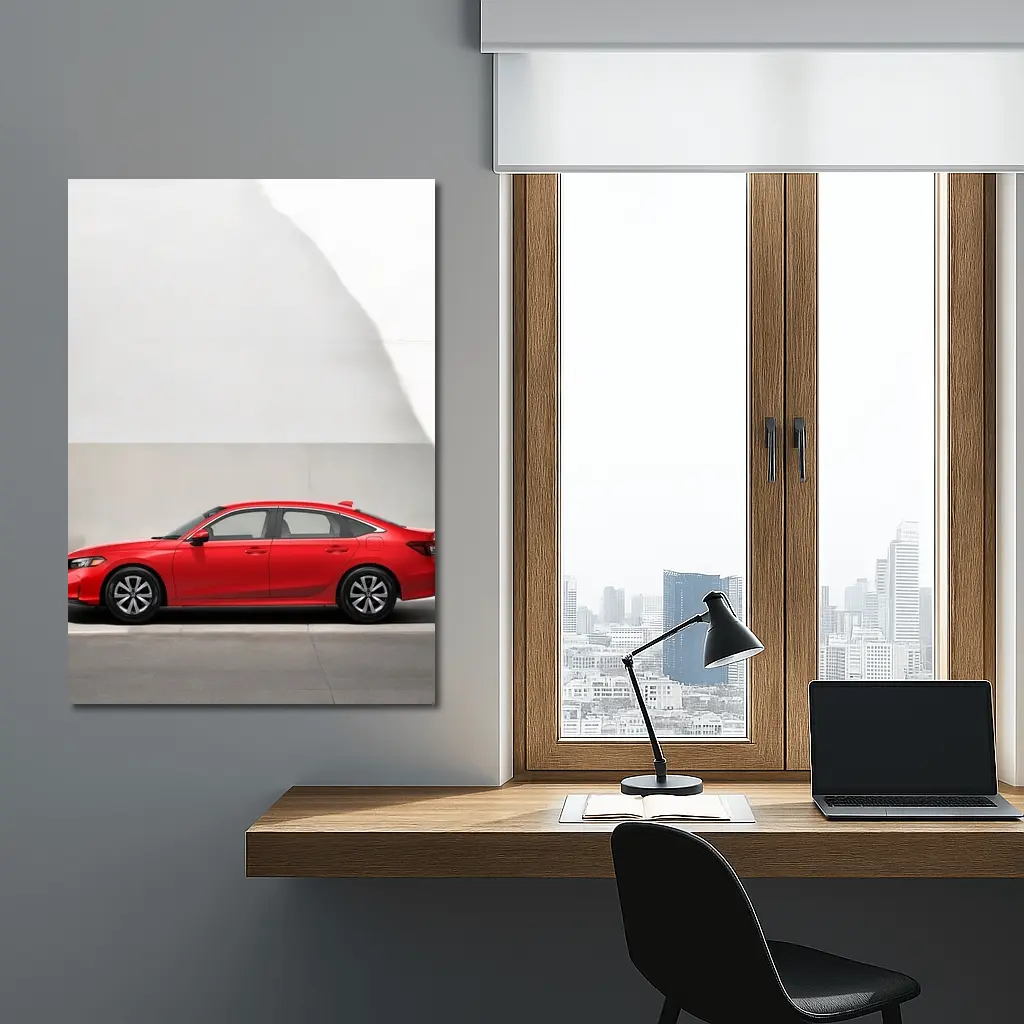 Red Honda Civic Parked Against Gray Wall – Wall Art