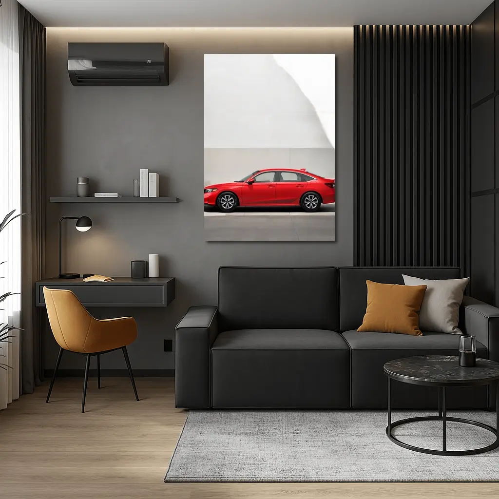Red Honda Civic Parked Against Gray Wall – Wall Art