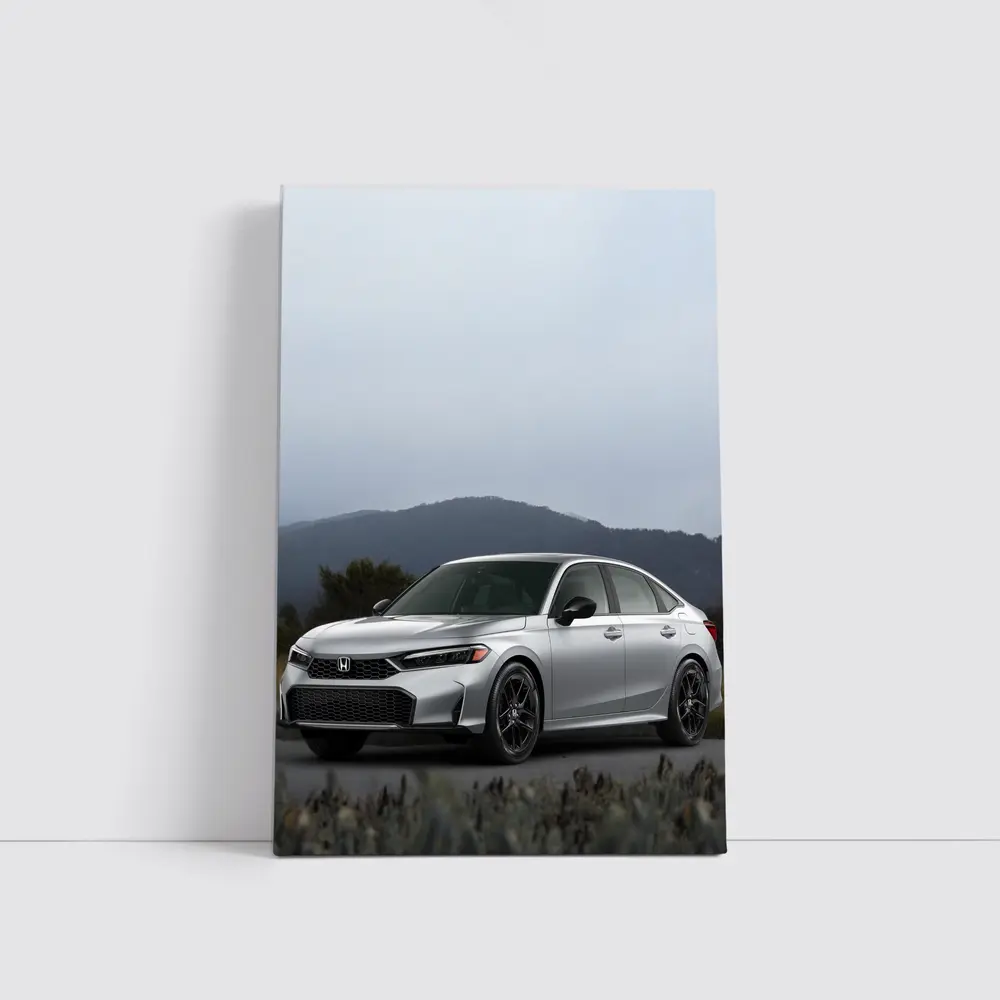 Honda Civic Silver Sedan Misty Mountain Background – Wall Art