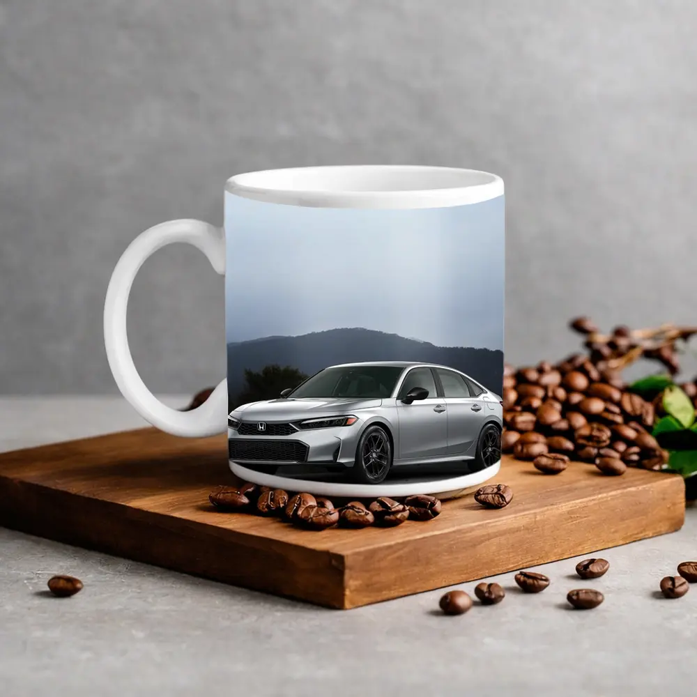 Honda Civic Silver Sedan Misty Mountain Background – Mugs