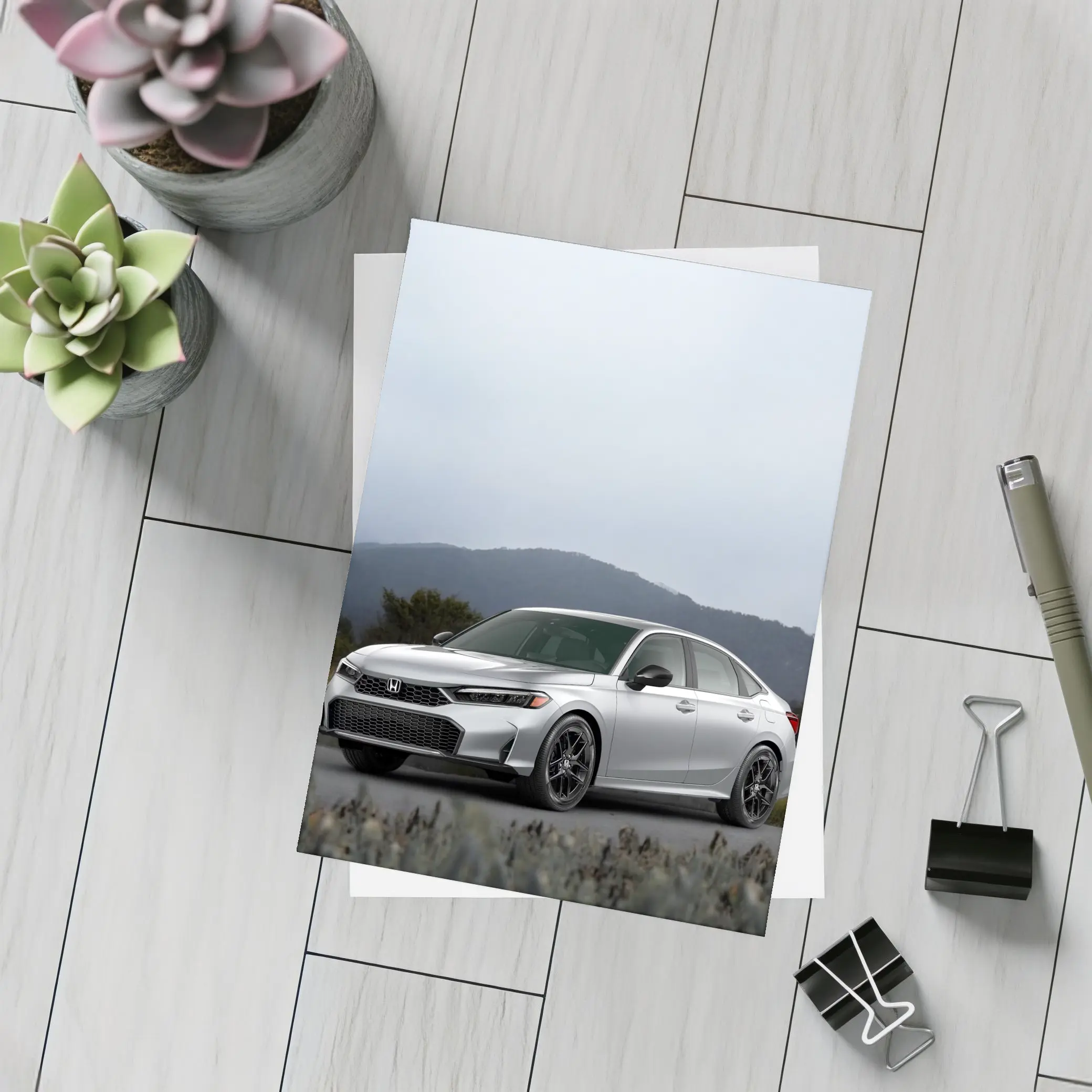 Honda Civic Silver Sedan Misty Mountain Background – Postcards