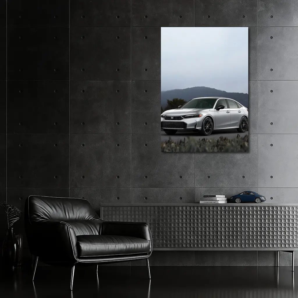 Honda Civic Silver Sedan Misty Mountain Background – Wall Art