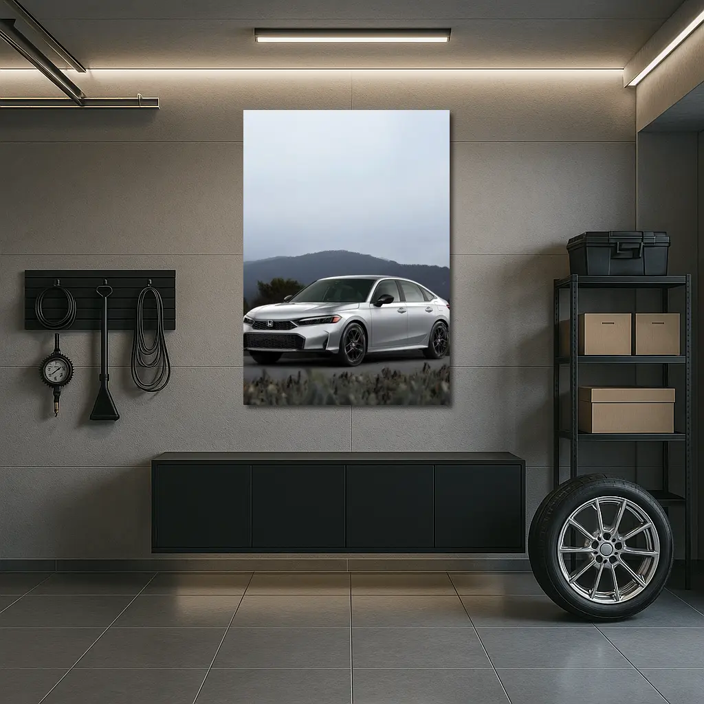 Honda Civic Silver Sedan Misty Mountain Background – Wall Art