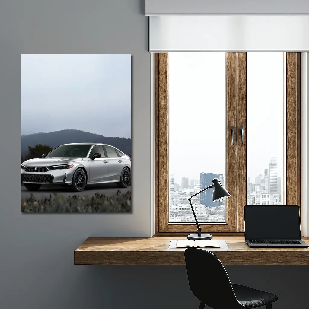 Honda Civic Silver Sedan Misty Mountain Background – Wall Art