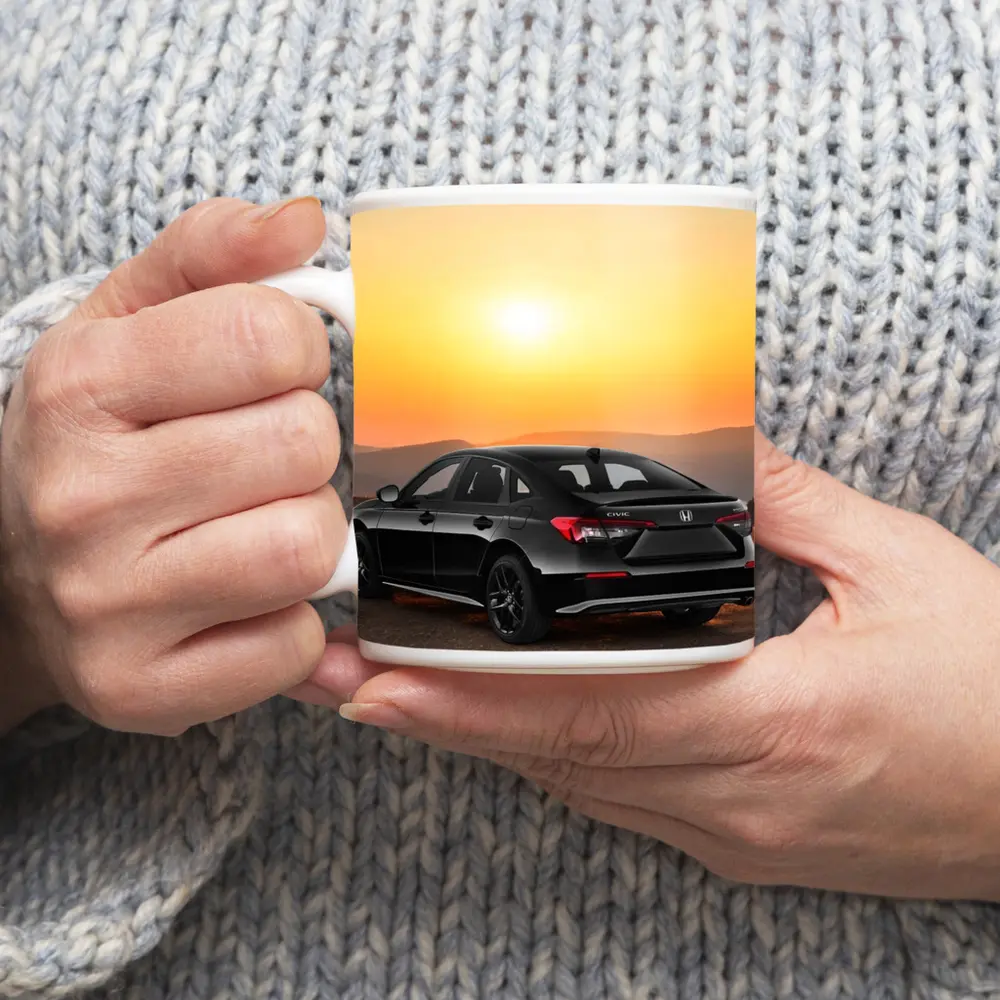 Honda Civic Black Car Golden Sunset Background – Mugs