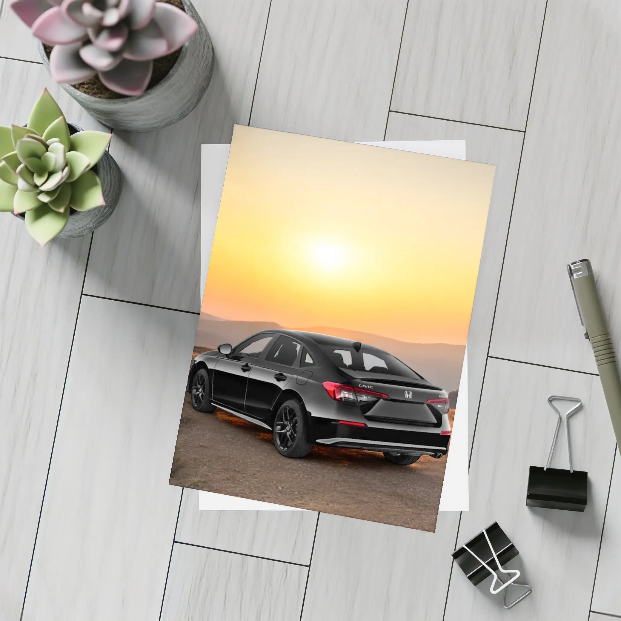 Honda Civic Black Car Golden Sunset Background – Postcards