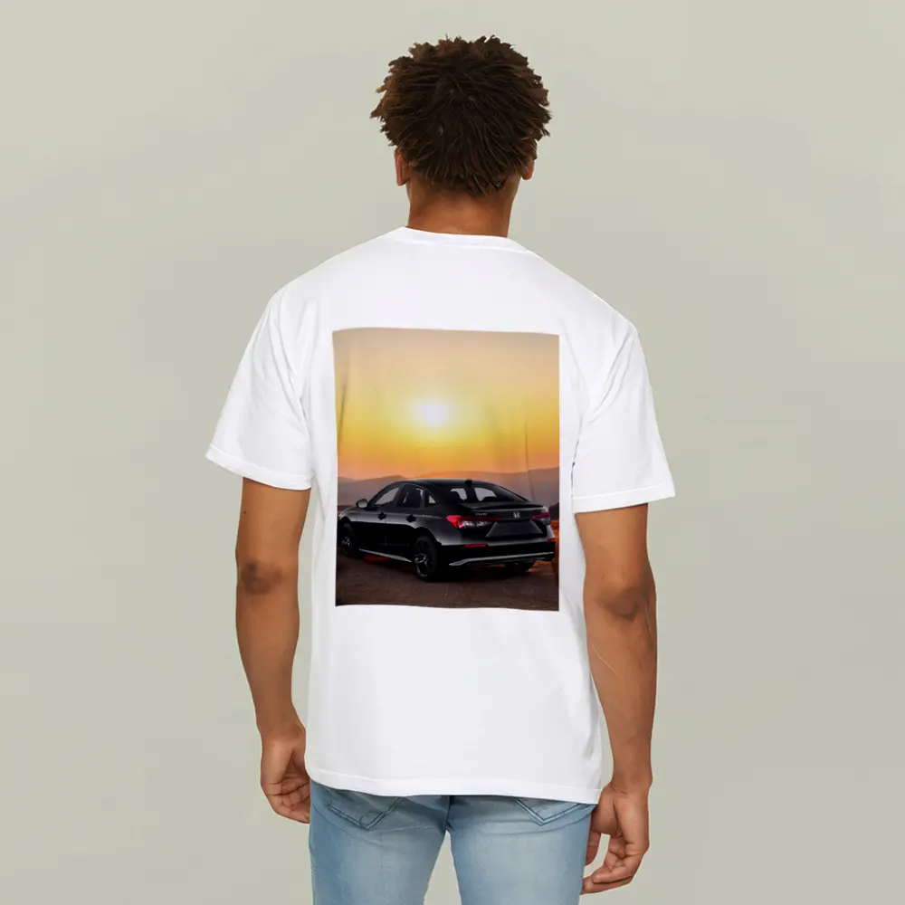 Honda Civic Black Car Golden Sunset Background – T-Shirts