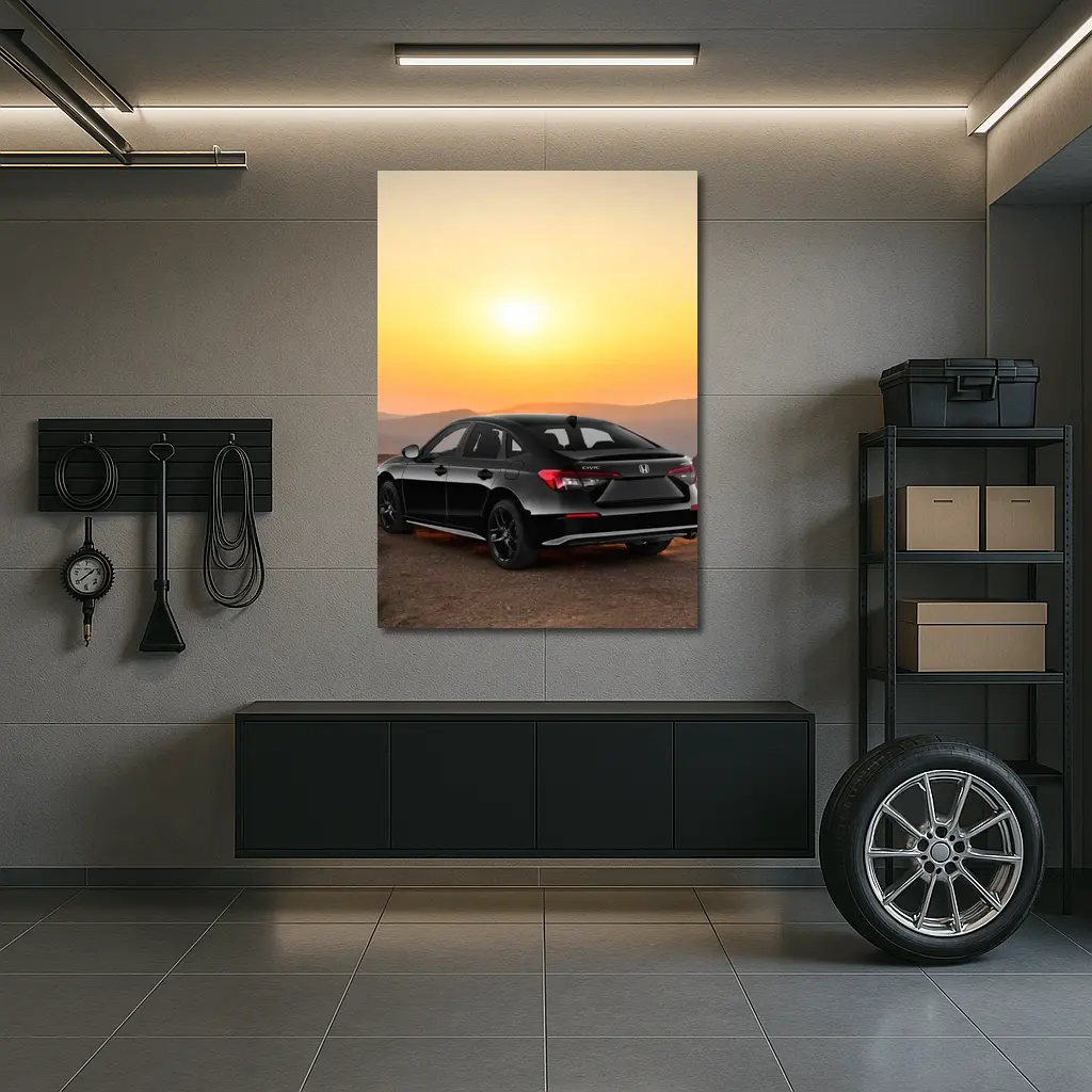 Honda Civic Black Car Golden Sunset Background – Wall Art