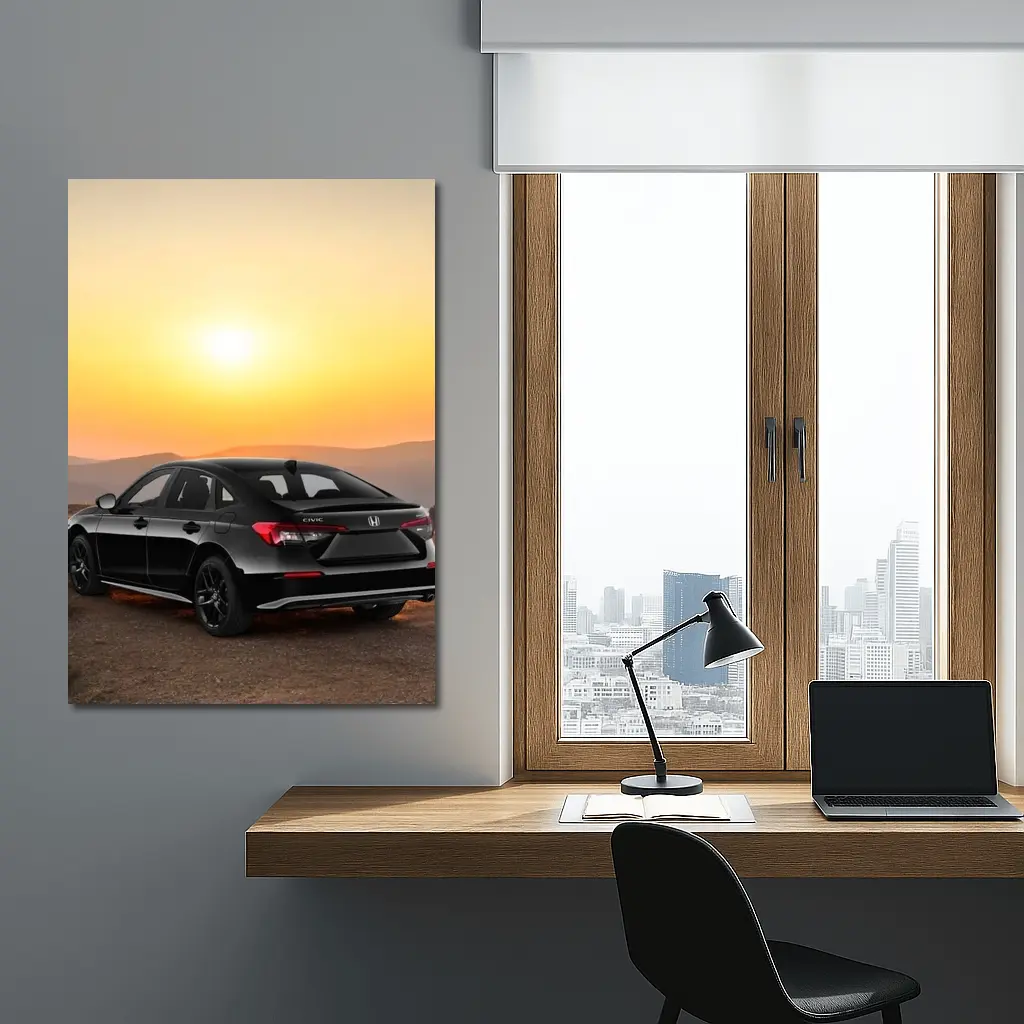 Honda Civic Black Car Golden Sunset Background – Wall Art