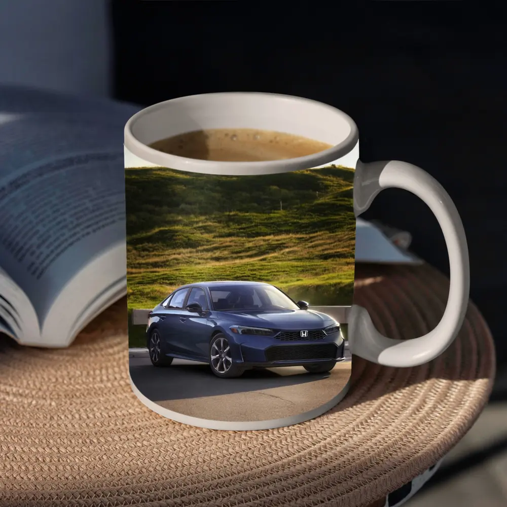 Honda Civic Blue Sedan Grassy Hill – Mugs