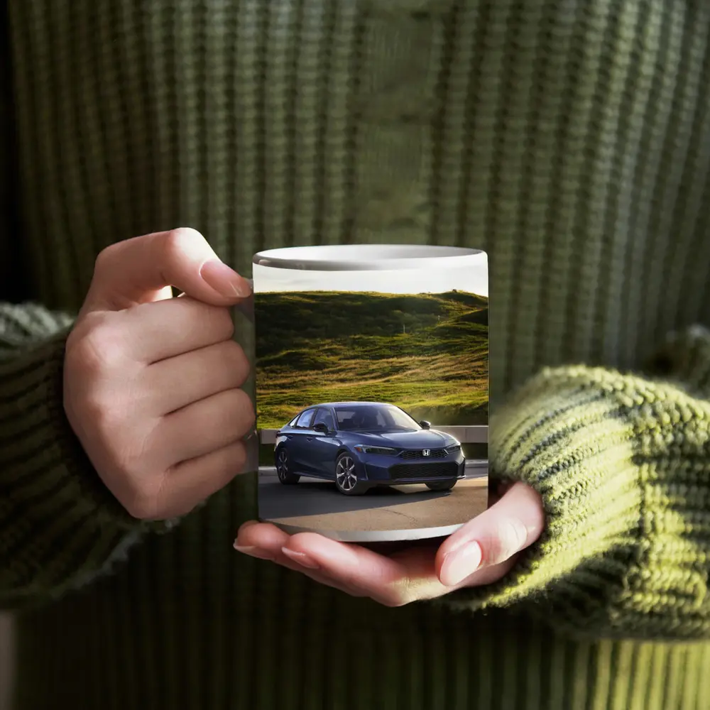 Honda Civic Blue Sedan Grassy Hill – Mugs
