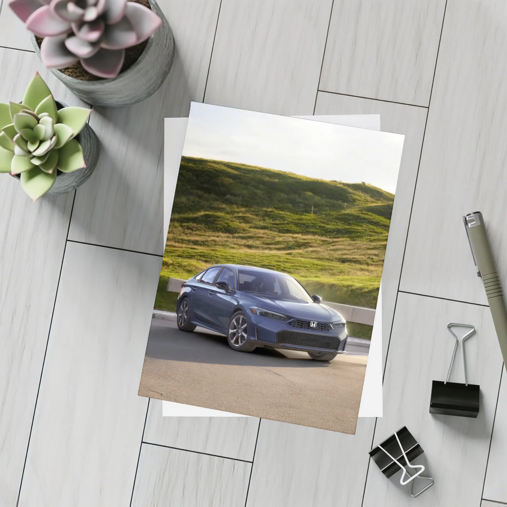 Honda Civic Blue Sedan Grassy Hill – Postcards