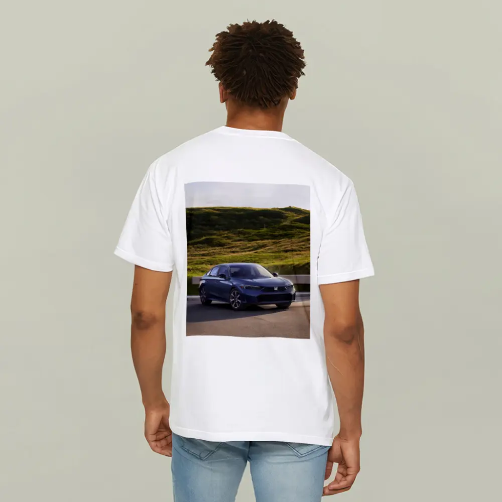 Honda Civic Blue Sedan Grassy Hill – T-Shirts