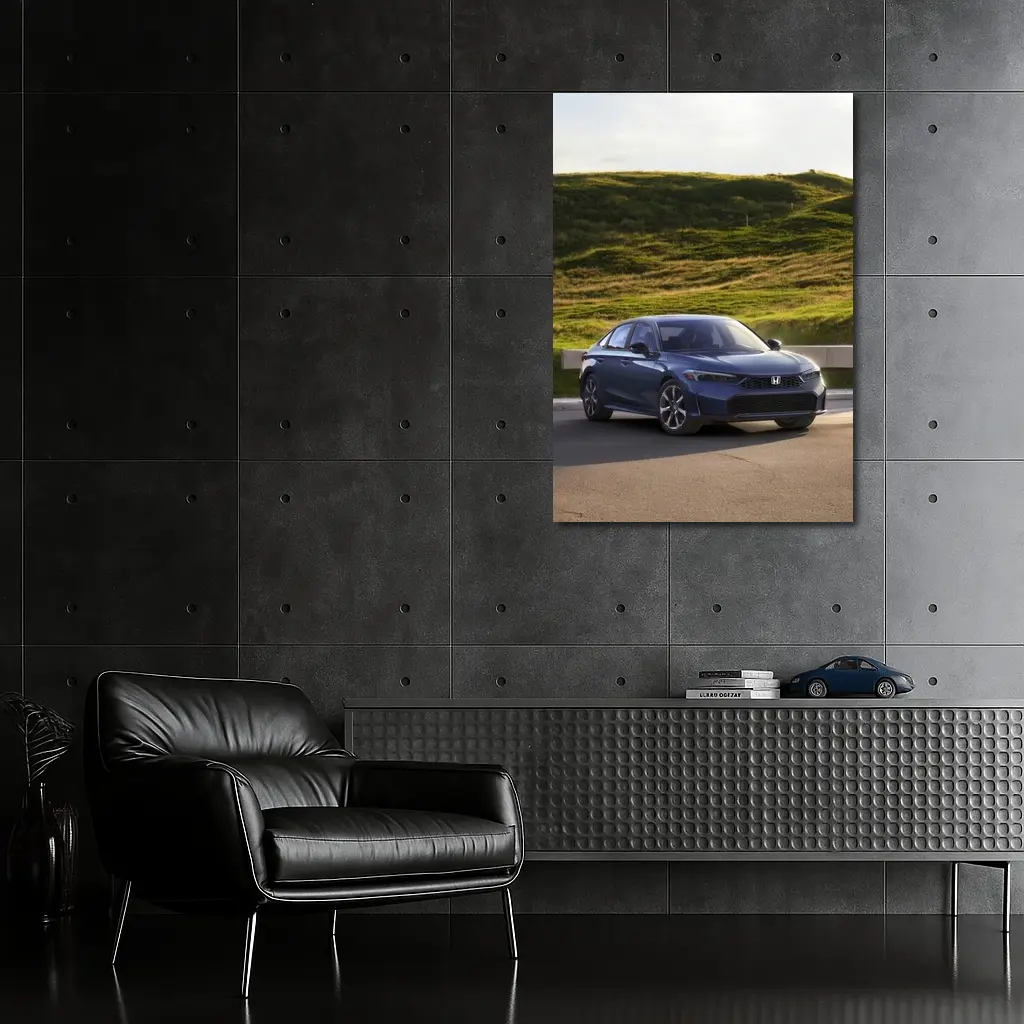Honda Civic Blue Sedan Grassy Hill – Wall Art
