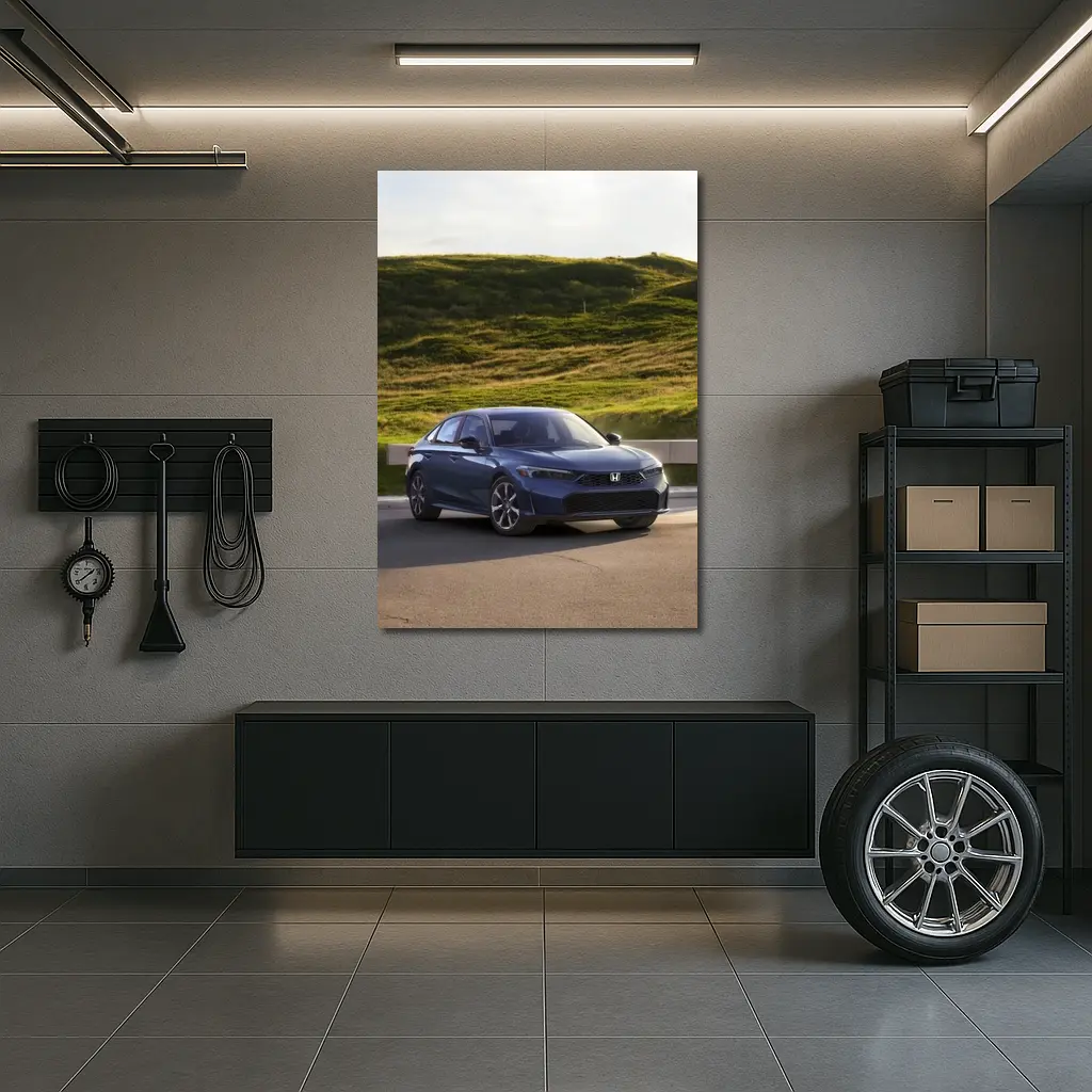Honda Civic Blue Sedan Grassy Hill – Wall Art
