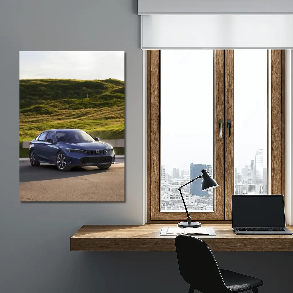 Honda Civic Blue Sedan Grassy Hill – Wall Art