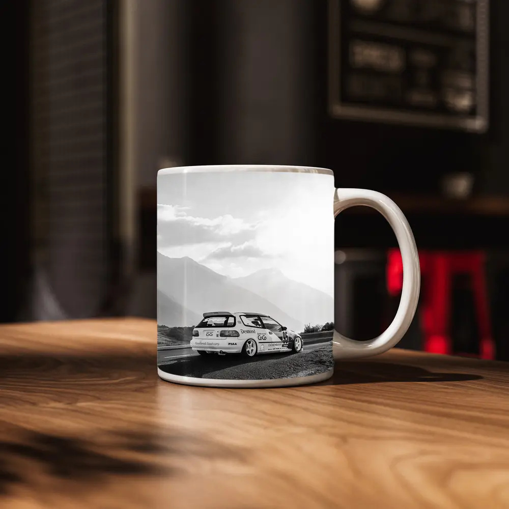 Honda Civic Race Car Mountain Road Black White – Mugs