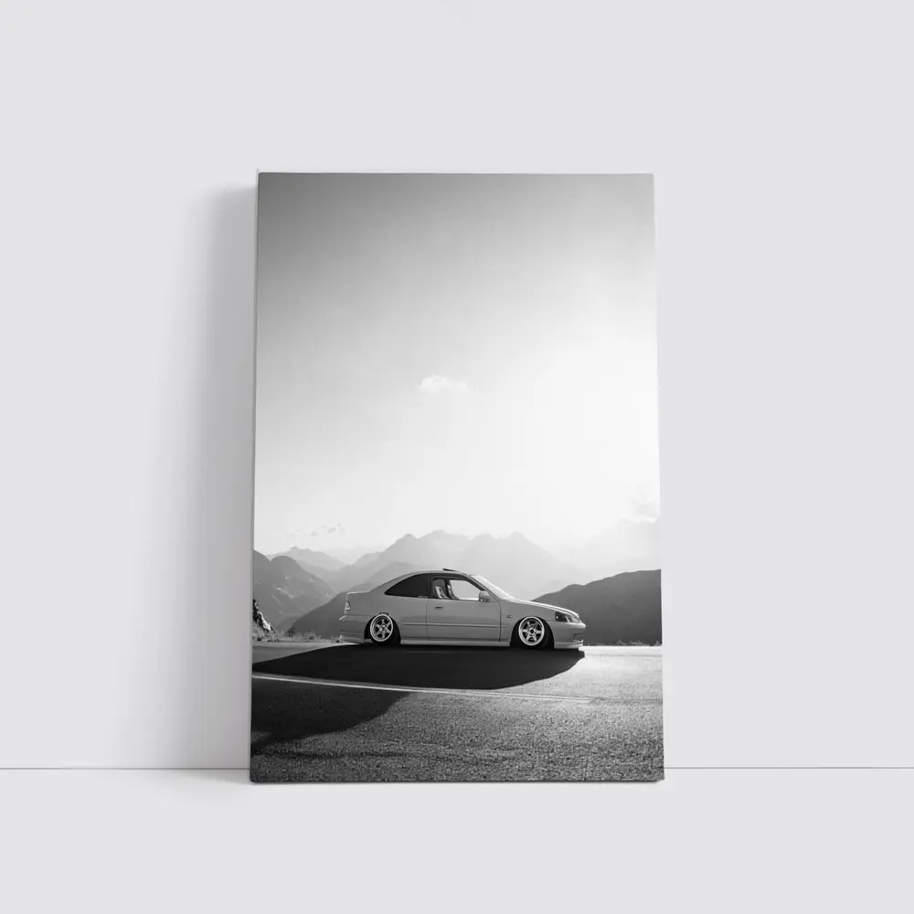 Honda Civic Stance Black White Mountain Background – Wall Art