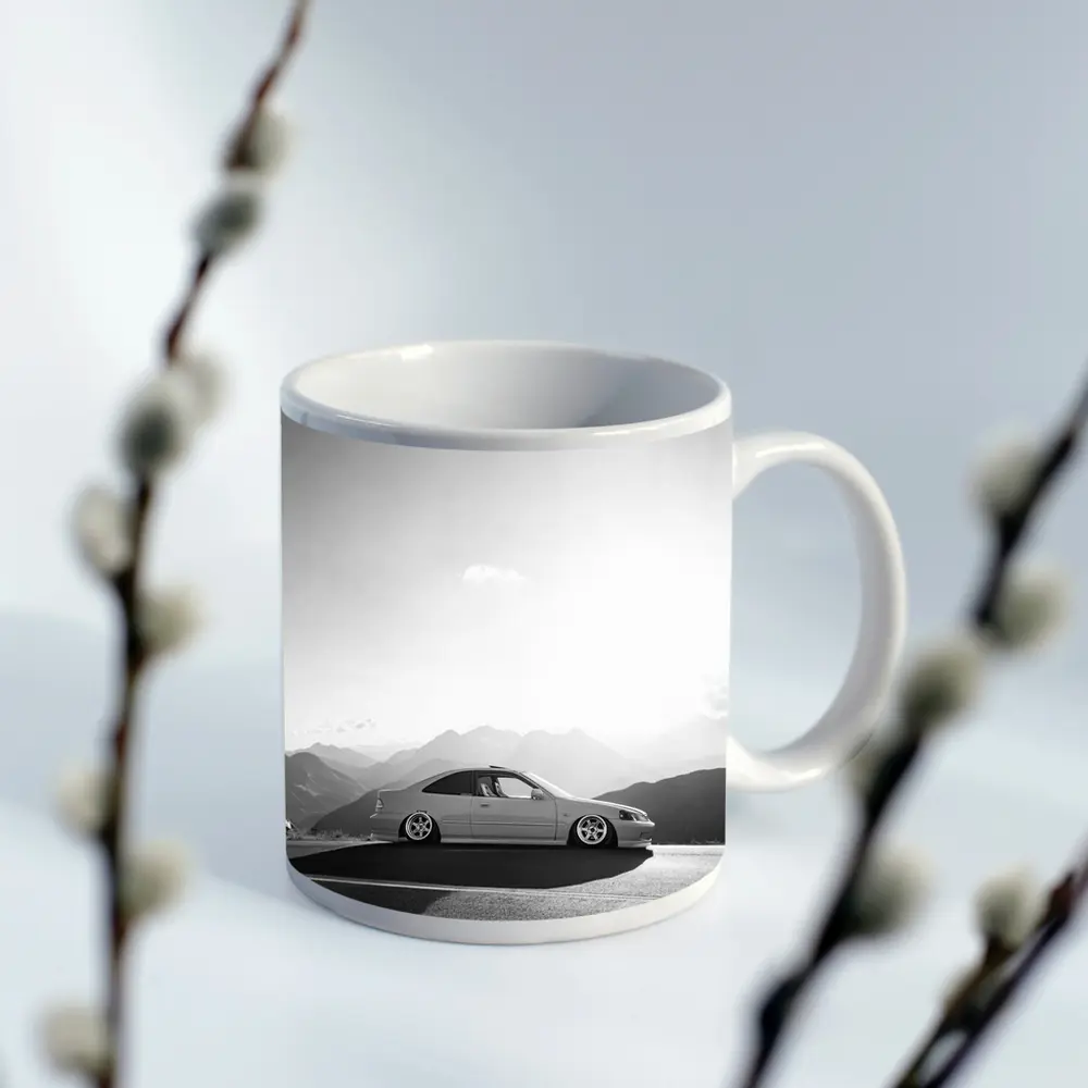 Honda Civic Stance Black White Mountain Background – Mugs