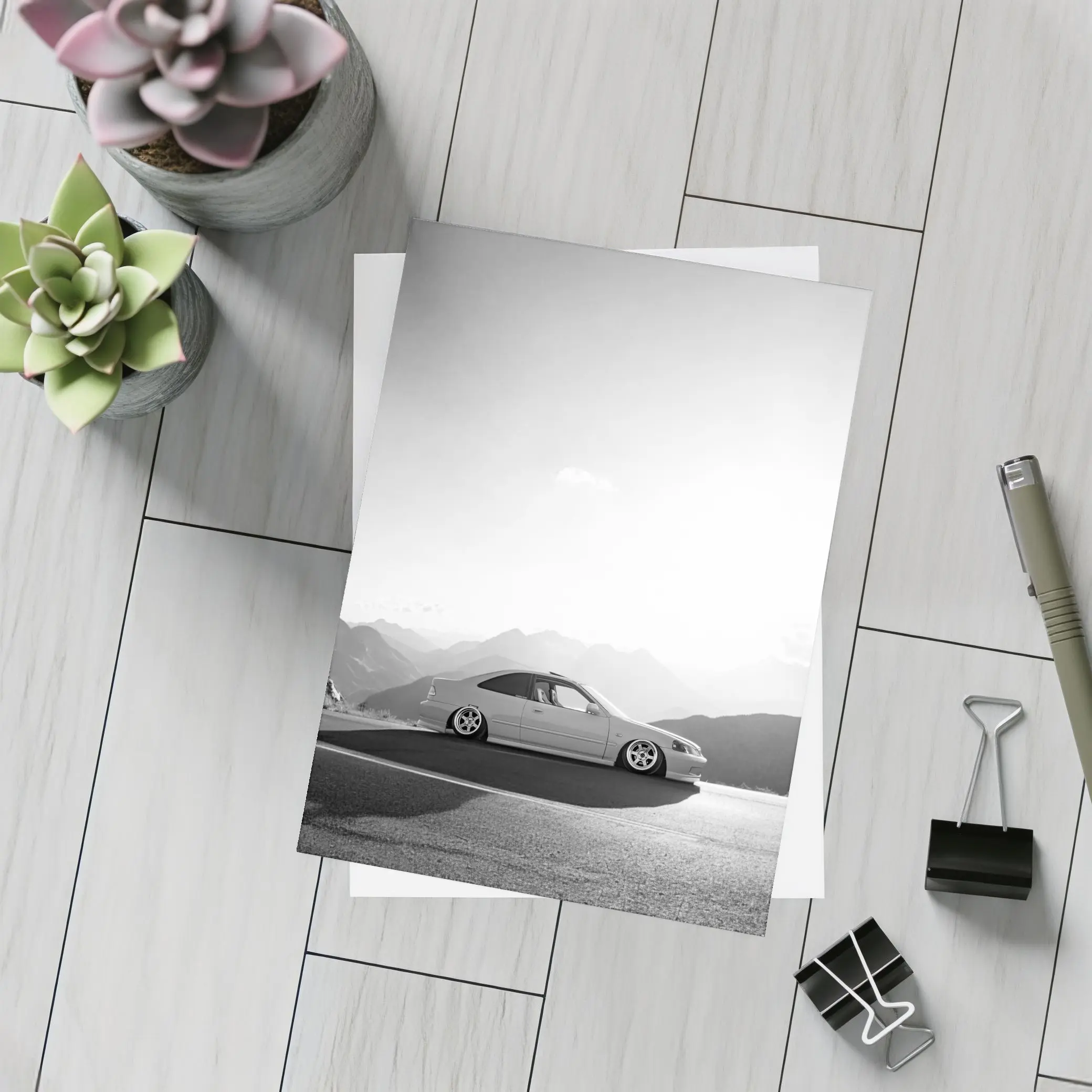 Honda Civic Stance Black White Mountain Background – Postcards