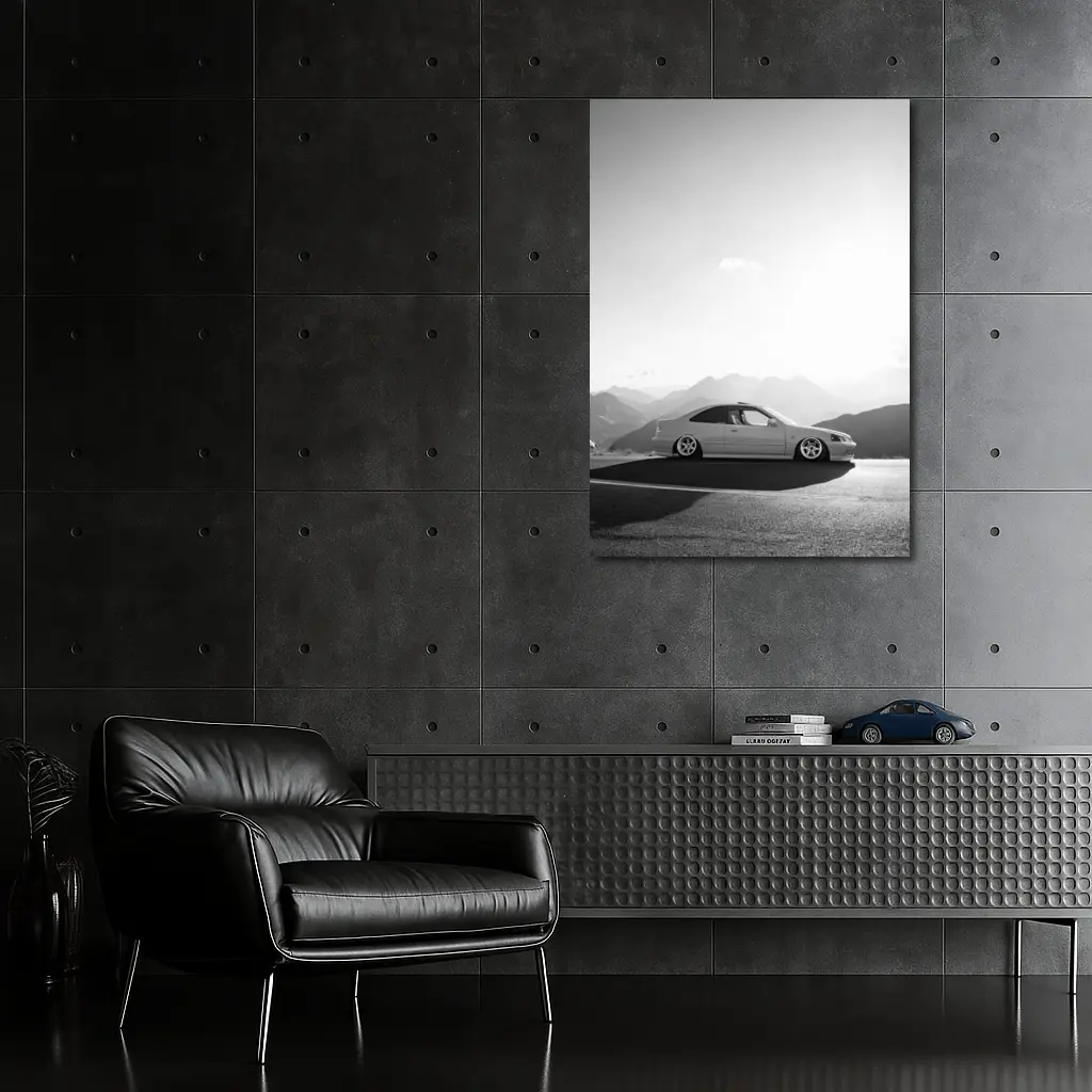 Honda Civic Stance Black White Mountain Background – Wall Art