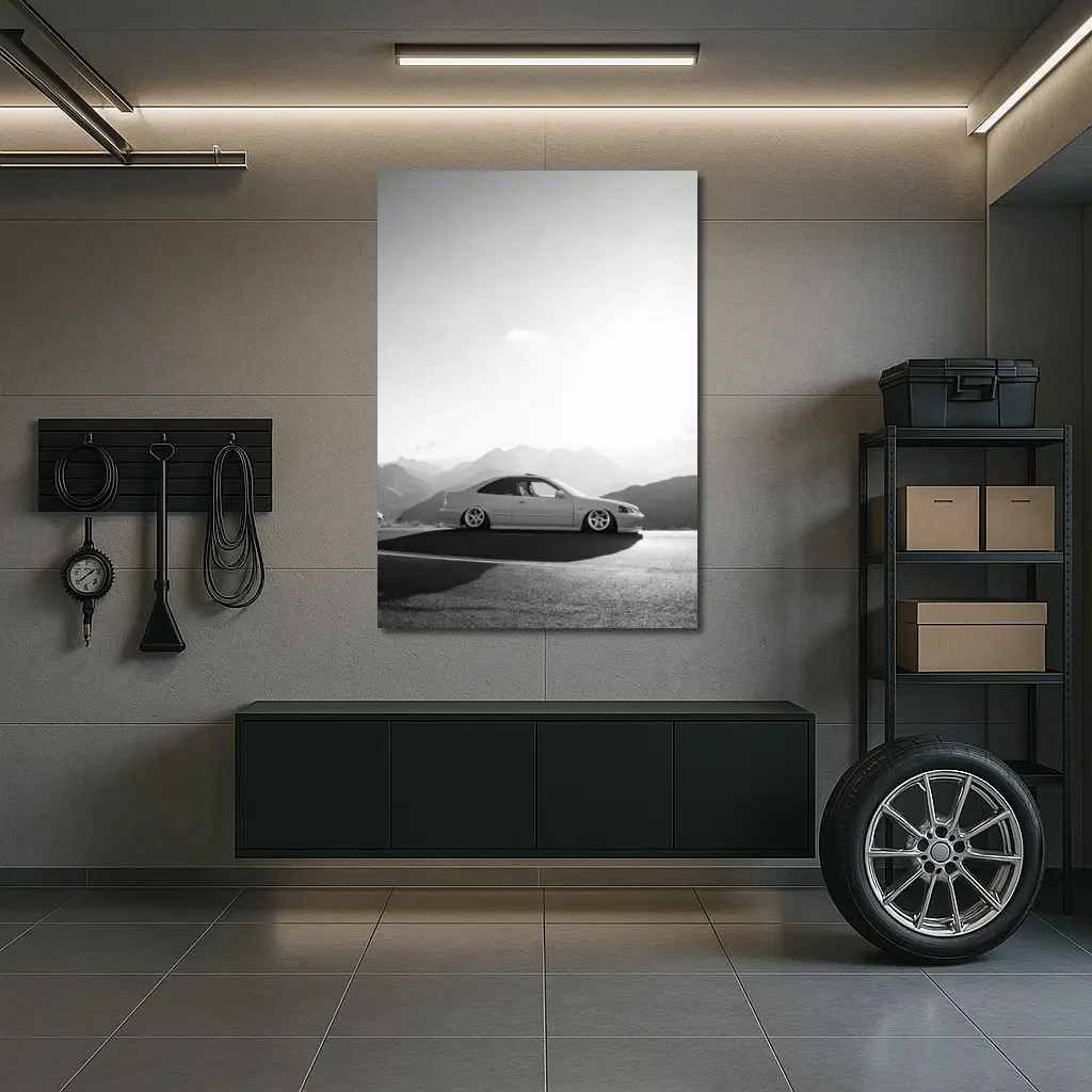 Honda Civic Stance Black White Mountain Background – Wall Art