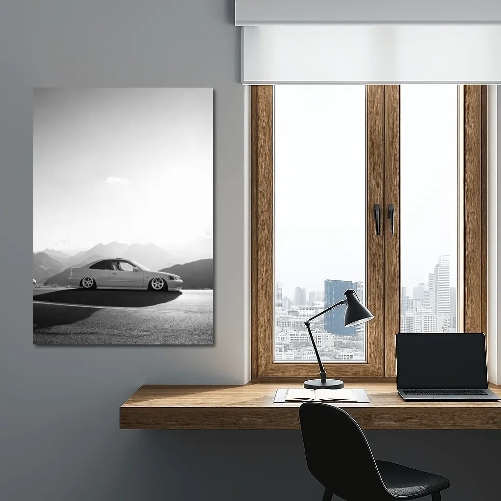 Honda Civic Stance Black White Mountain Background – Wall Art