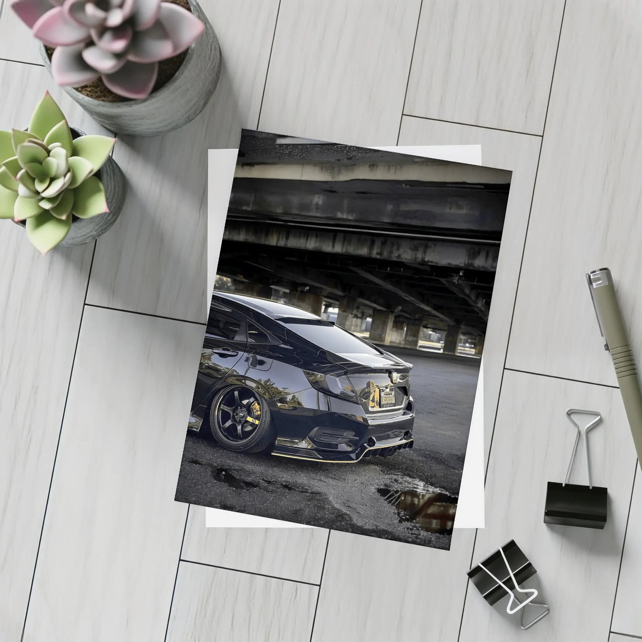 Black Honda Civic Under Urban Bridge Night – Postcards
