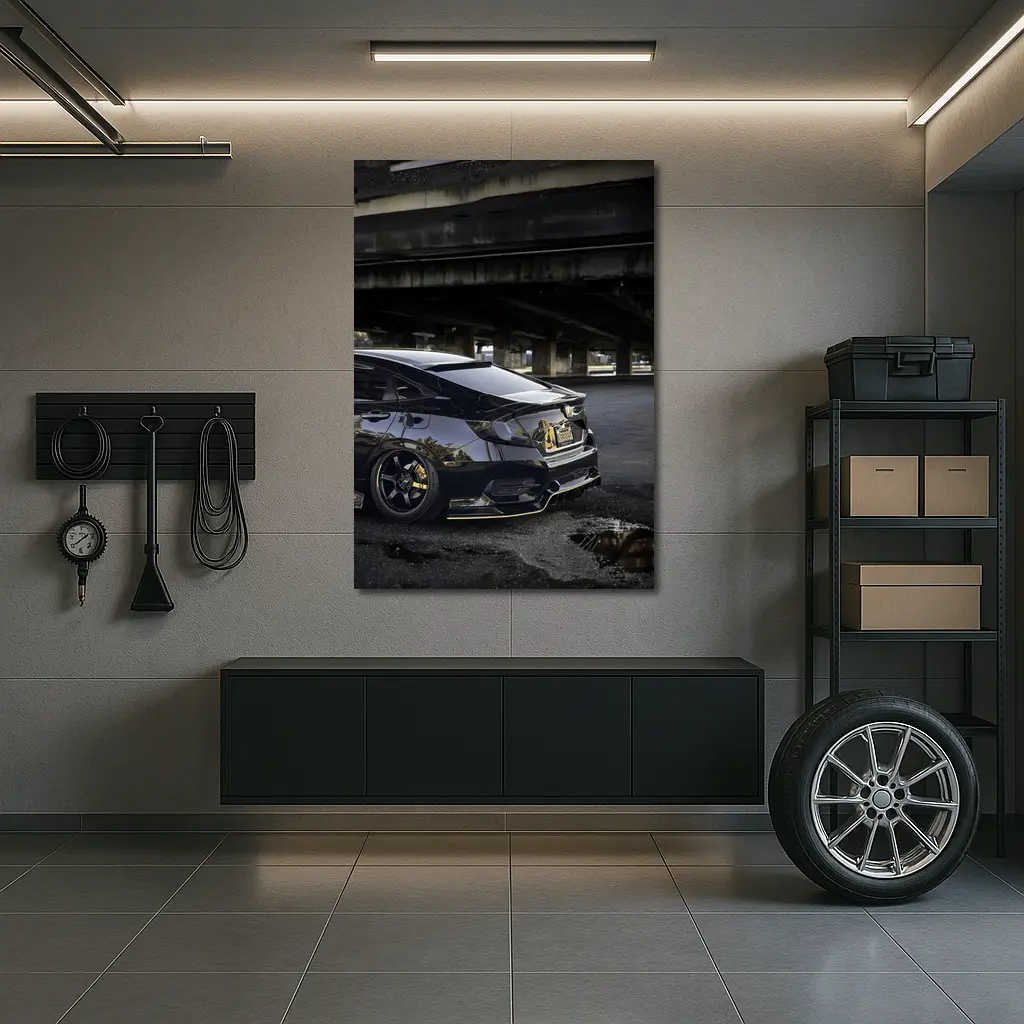 Black Honda Civic Under Urban Bridge Night – Wall Art