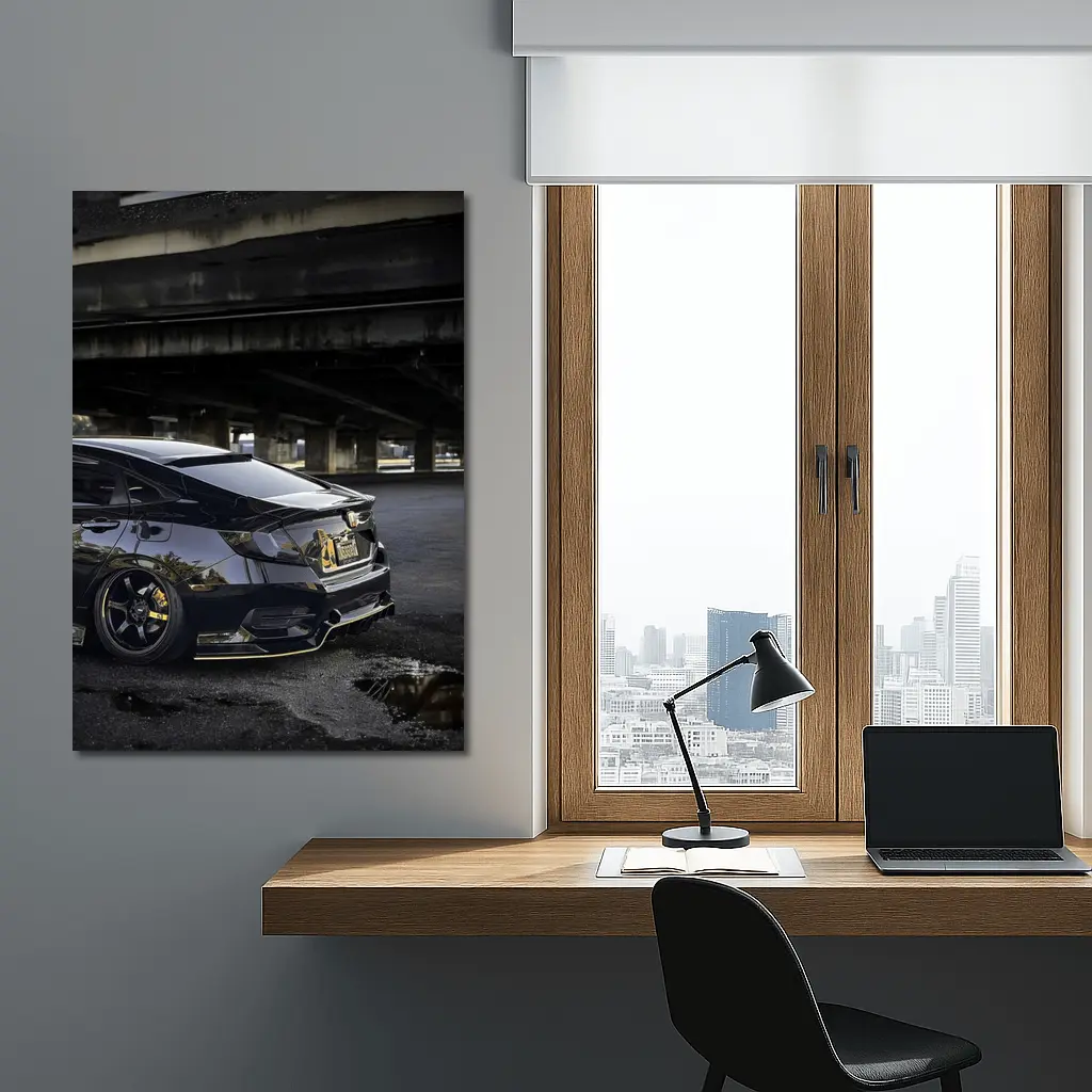 Black Honda Civic Under Urban Bridge Night – Wall Art