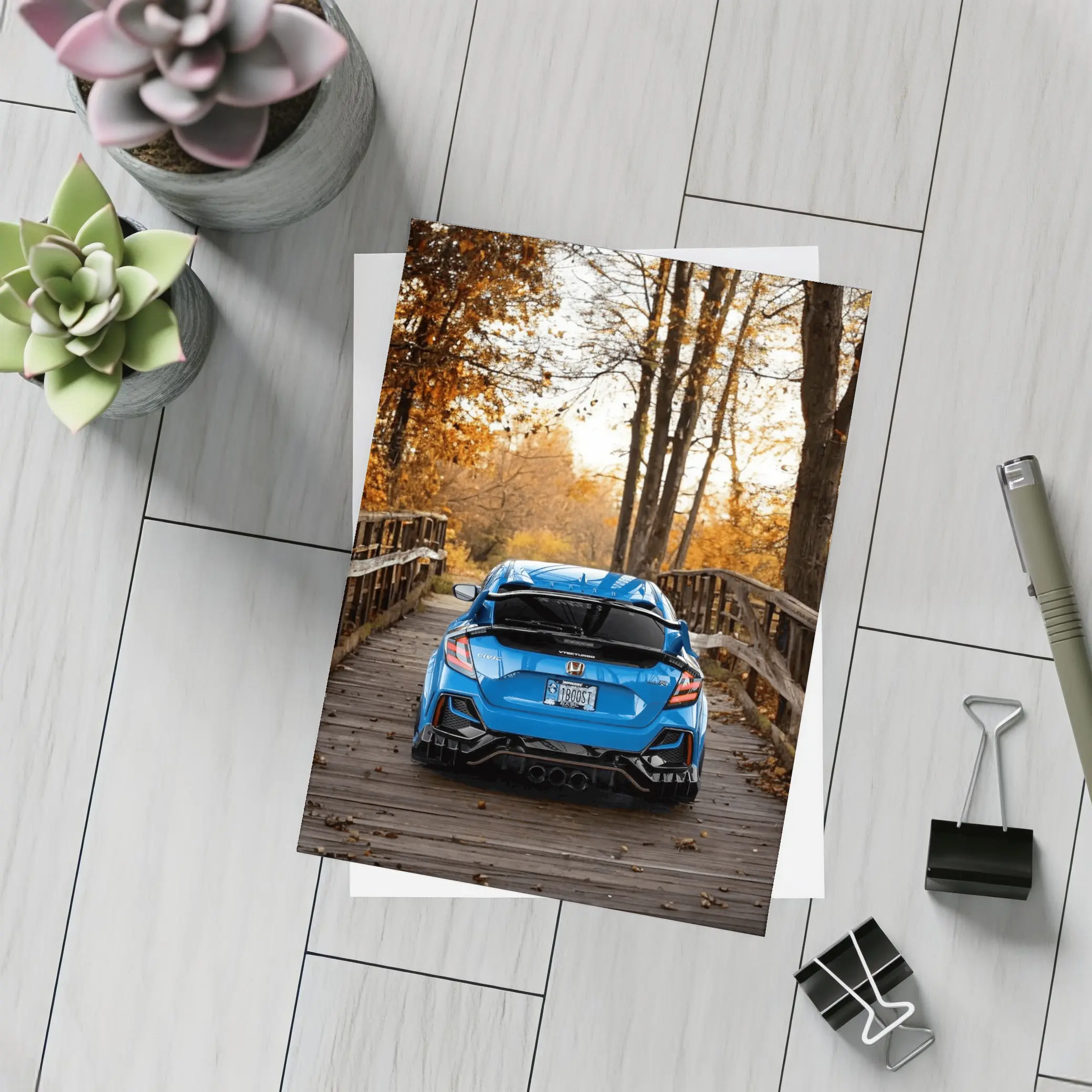 Honda Civic Type R Blue Autumn Park – Postcards