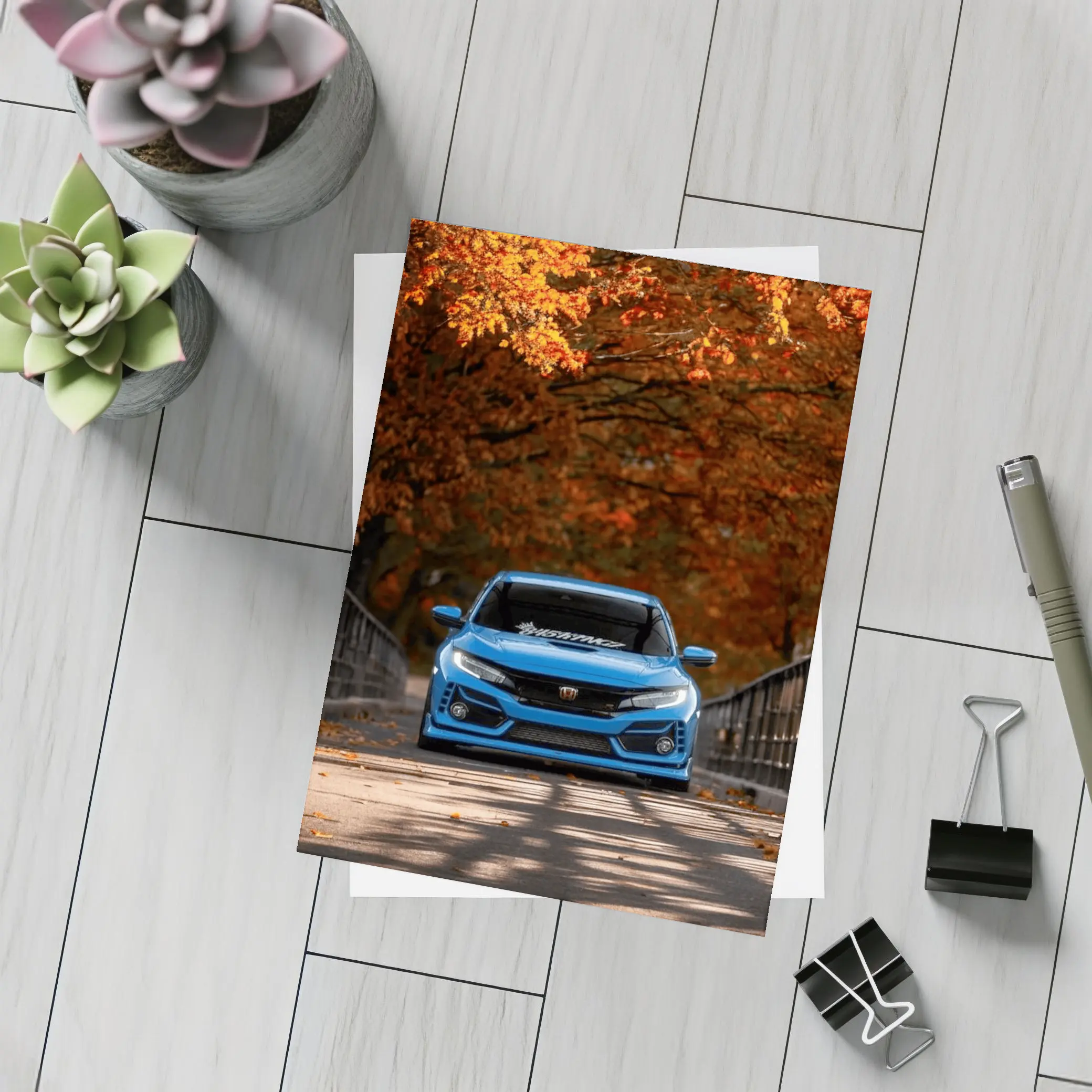 Honda Civic Blue Front Autumn Trees – Postcards