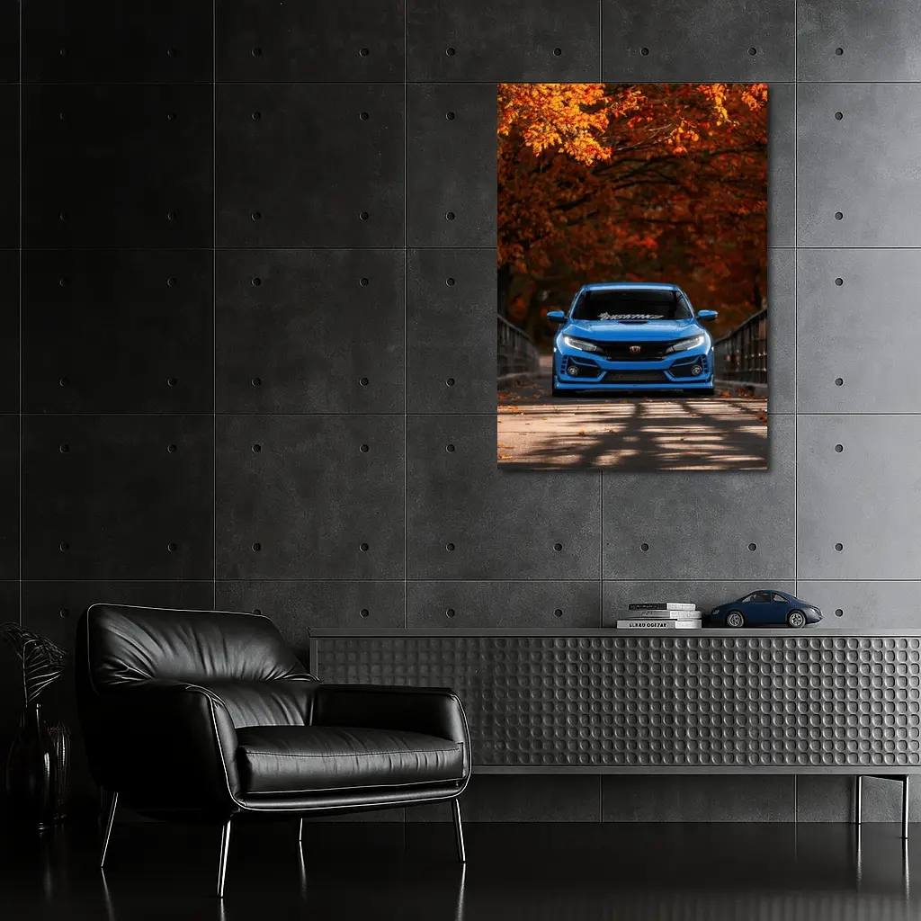 Honda Civic Blue Front Autumn Trees – Wall Art