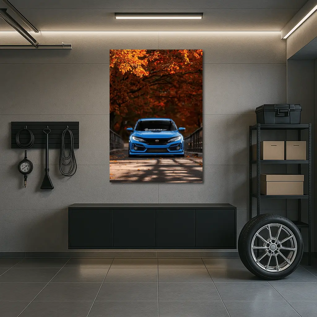 Honda Civic Blue Front Autumn Trees – Wall Art