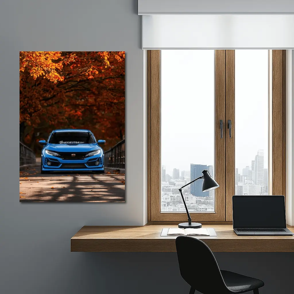 Honda Civic Blue Front Autumn Trees – Wall Art