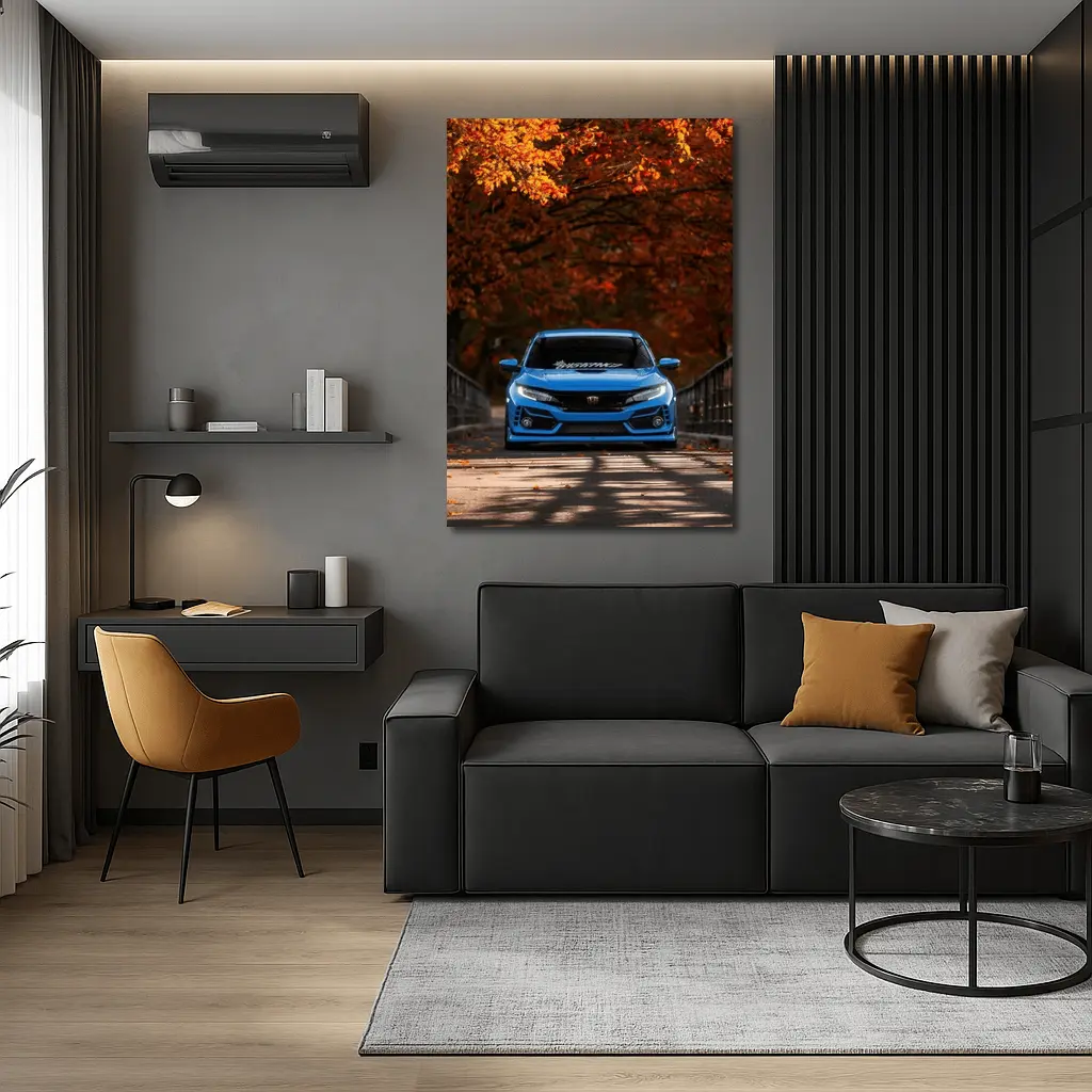 Honda Civic Blue Front Autumn Trees – Wall Art