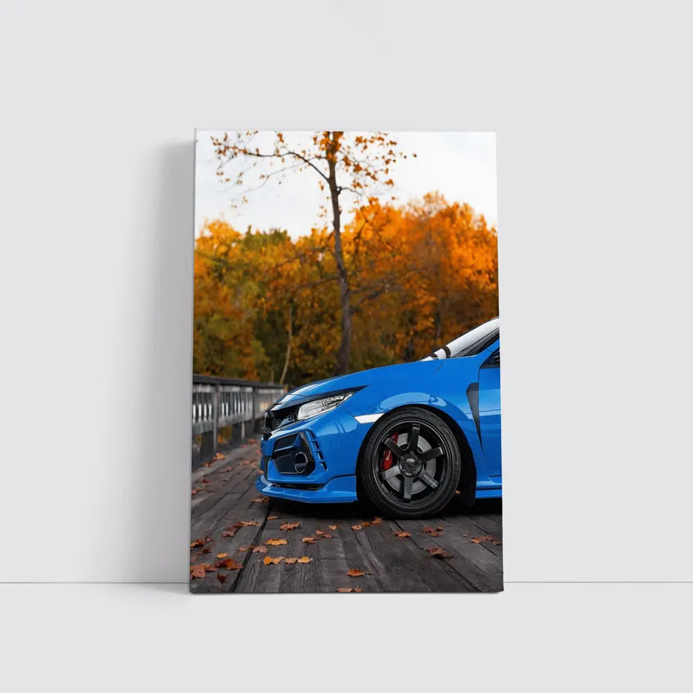 Honda Civic Type R FK8 Blue Front Quarter on Wooden Deck – Wall Art