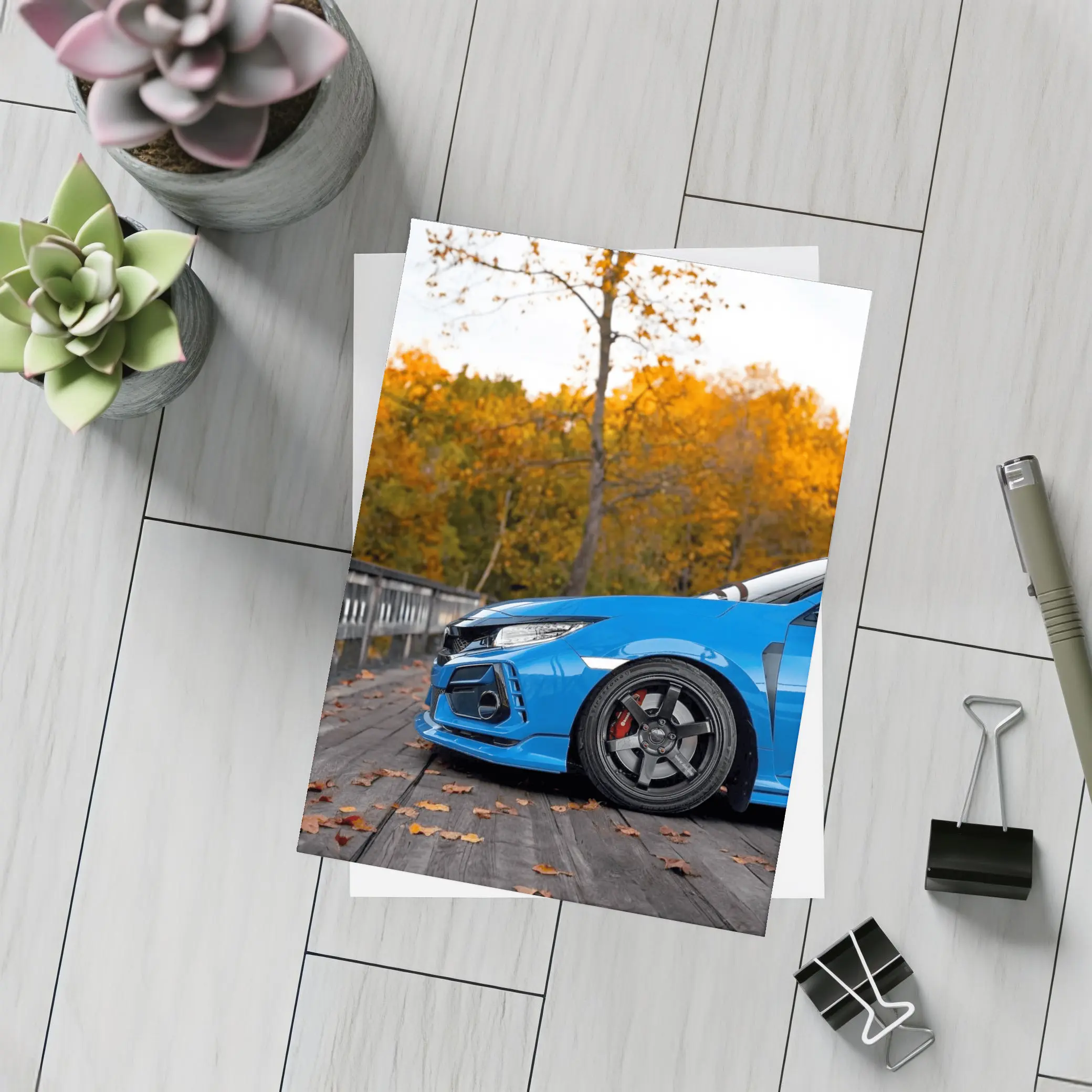 Honda Civic Type R Blue Autumn Park – Postcards