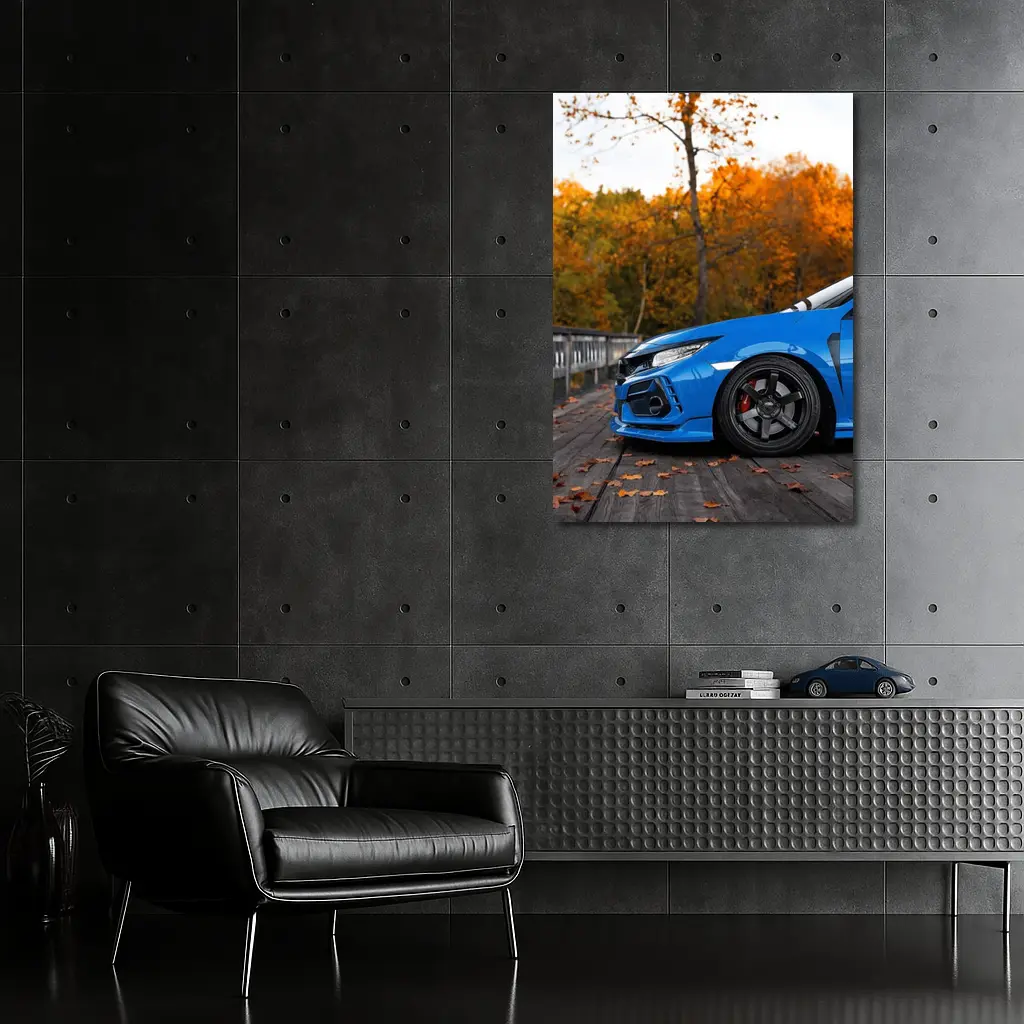 Honda Civic Type R FK8 Blue Front Quarter on Wooden Deck – Wall Art