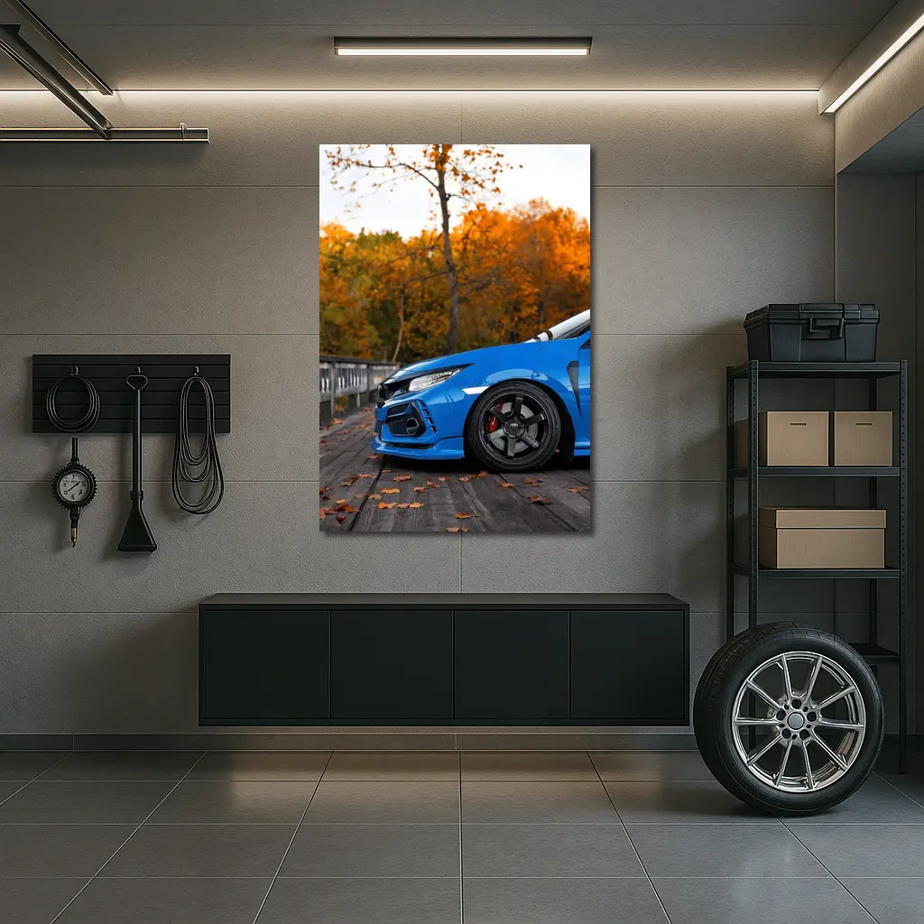 Honda Civic Type R FK8 Blue Front Quarter on Wooden Deck – Wall Art
