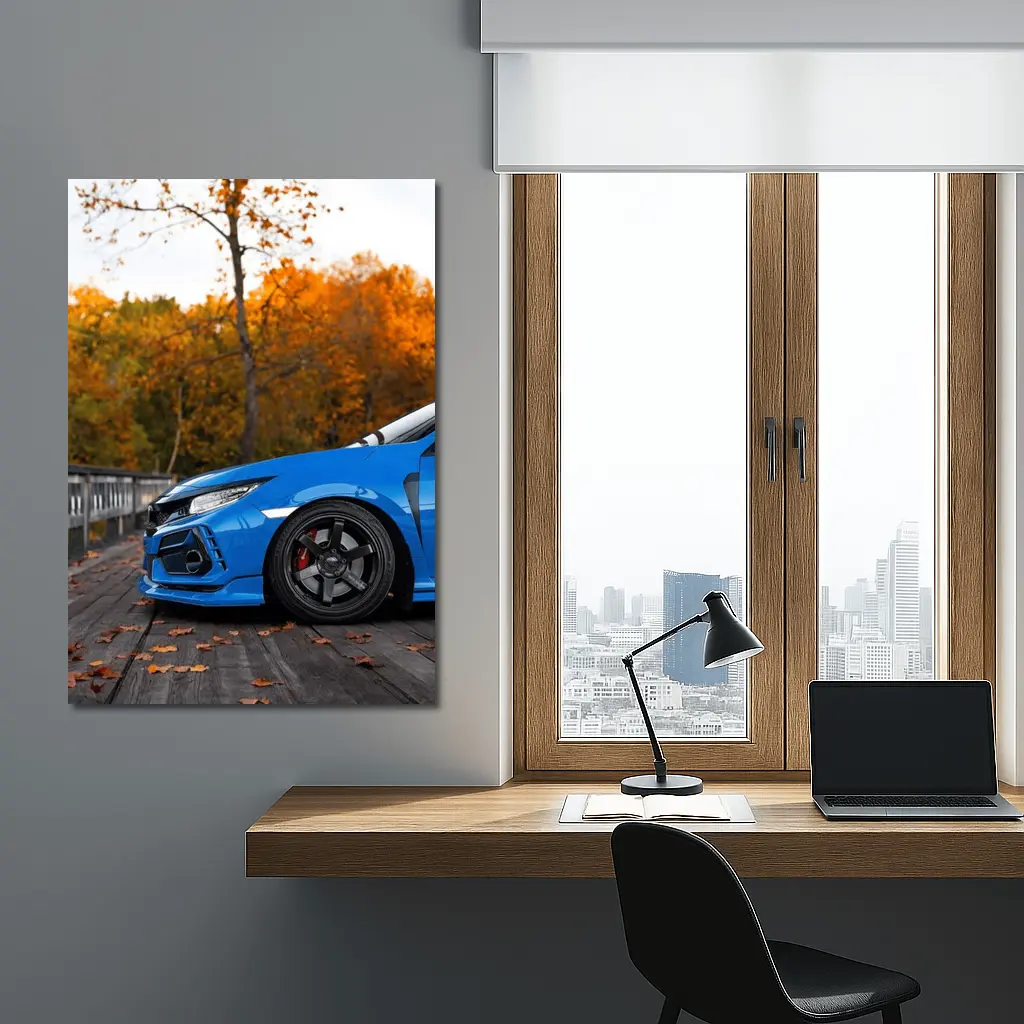 Honda Civic Type R FK8 Blue Front Quarter on Wooden Deck – Wall Art