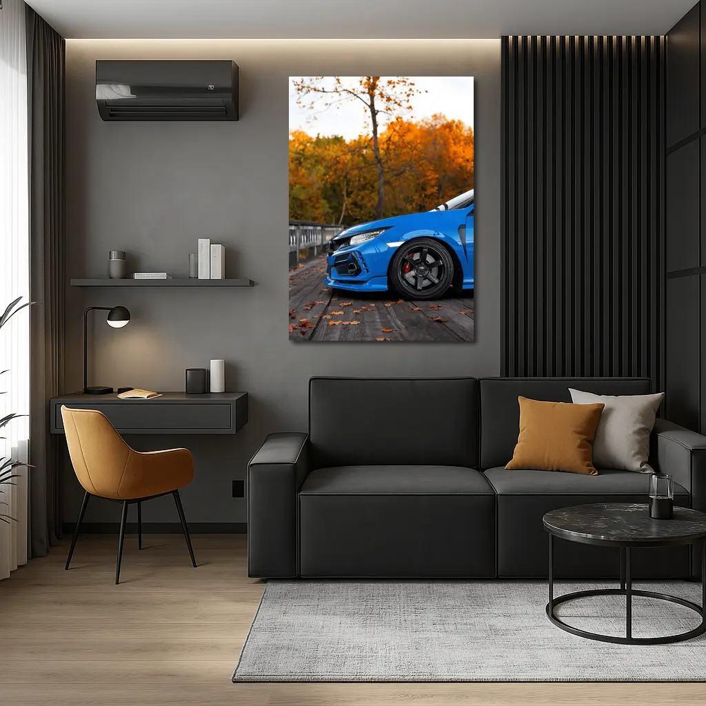Honda Civic Type R FK8 Blue Front Quarter on Wooden Deck – Wall Art