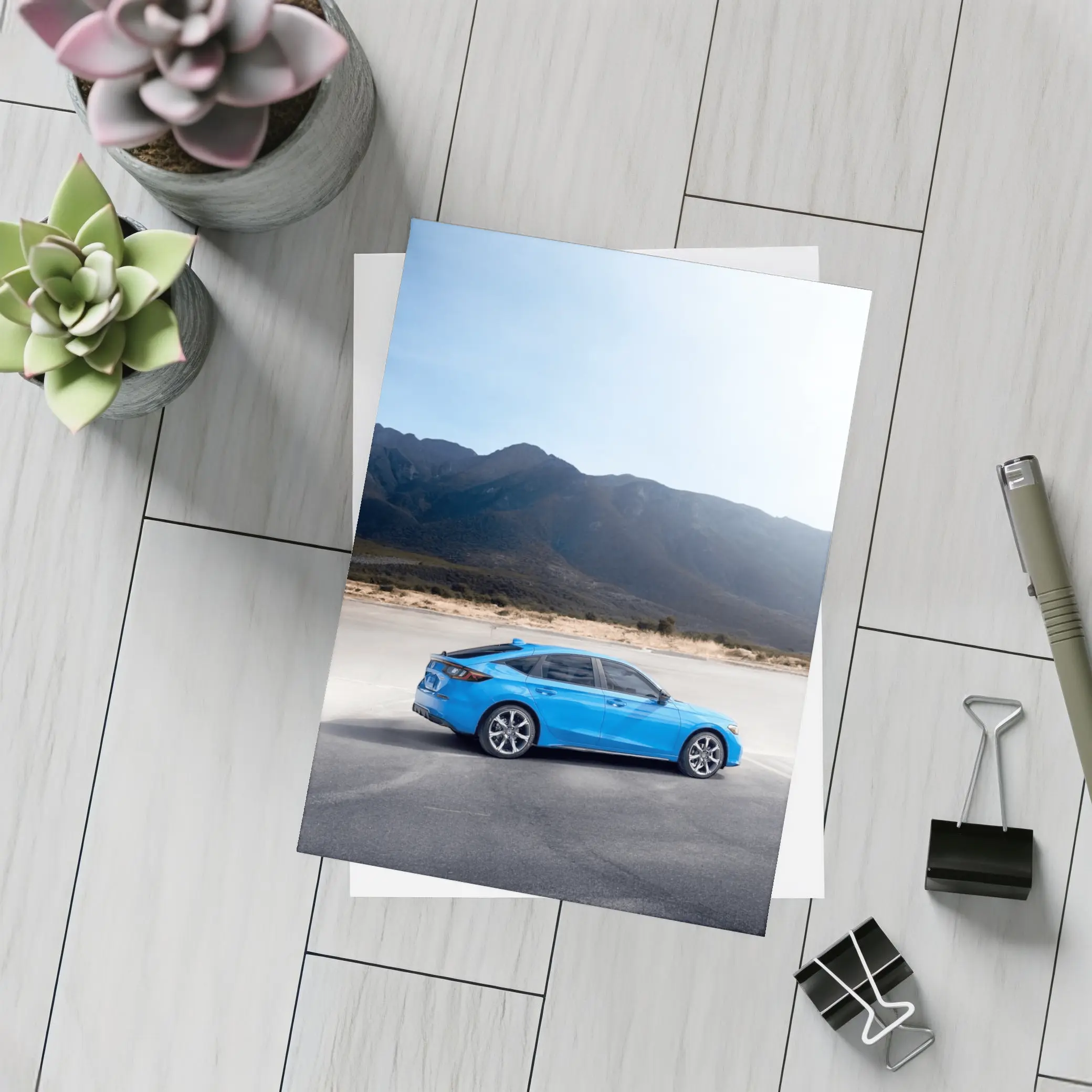 Honda Civic Blue Hatchback Desert Mountains – Postcards