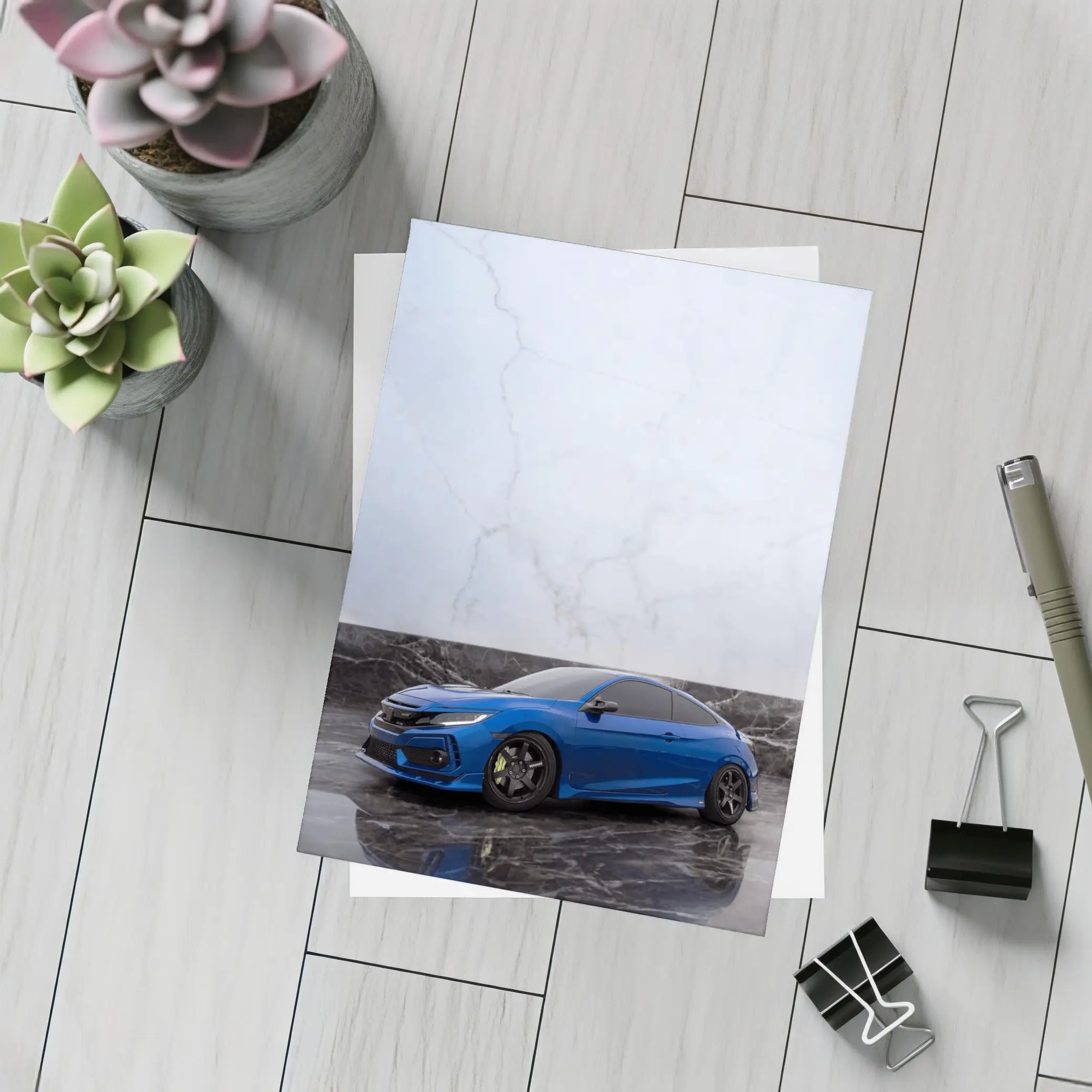 Honda Civic Blue on Marble Background – Postcards