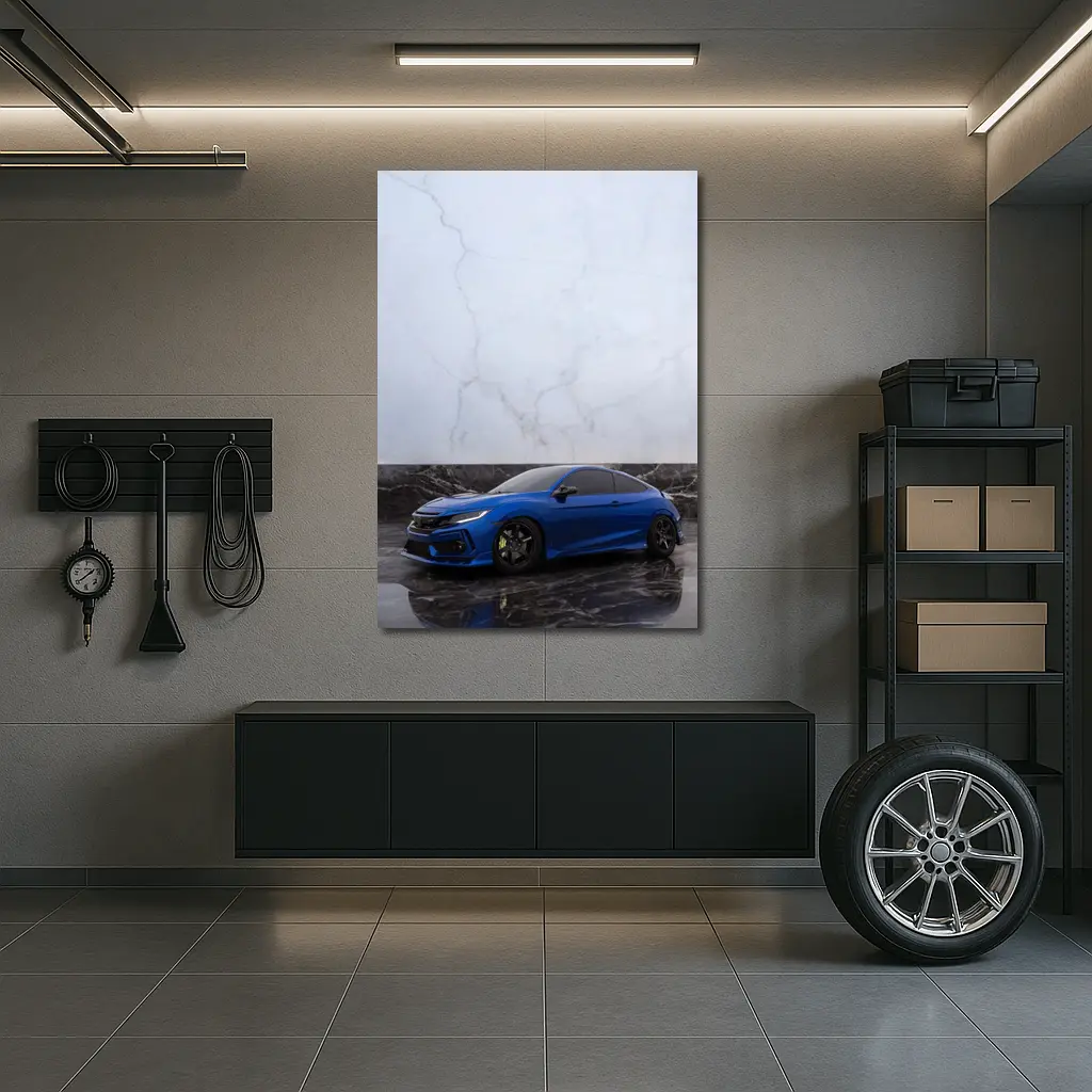 Honda Civic Blue on Marble Background – Wall Art